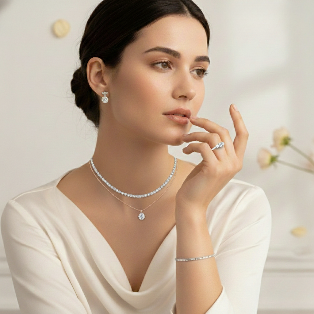 Woman wearing a diamond necklace, earrings, and bracelet with a blurred floral background