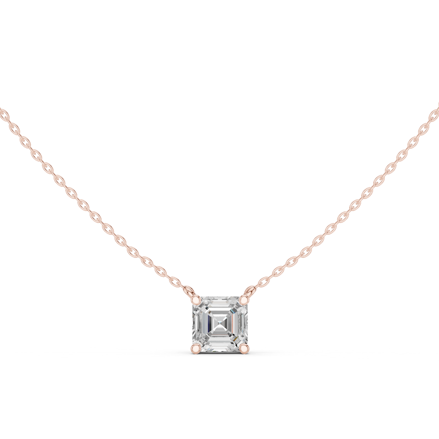 Gold necklace with a Asscher-cut diamond pendant on a white background