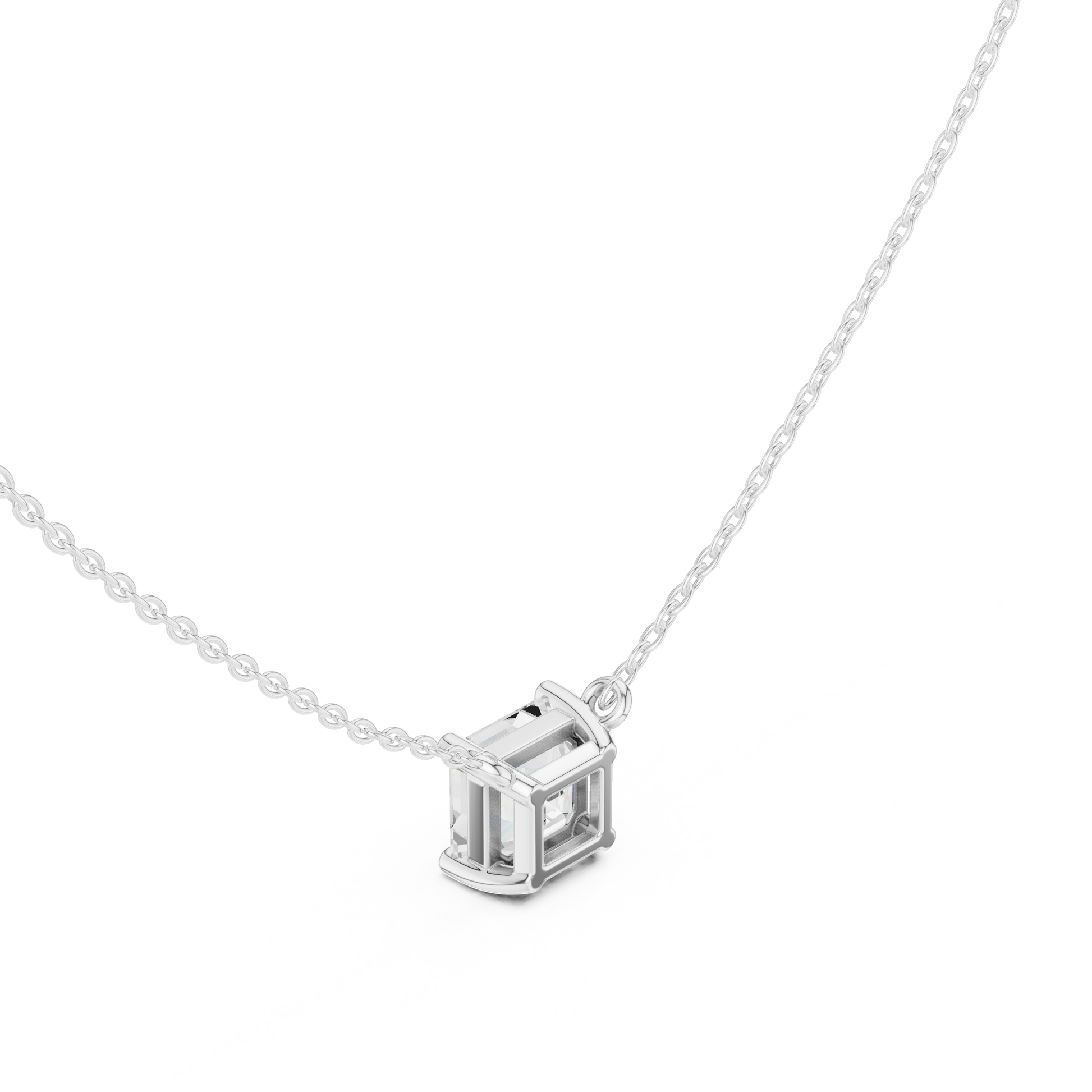 Gold necklace with a Asscher-cut diamond pendant on a white background