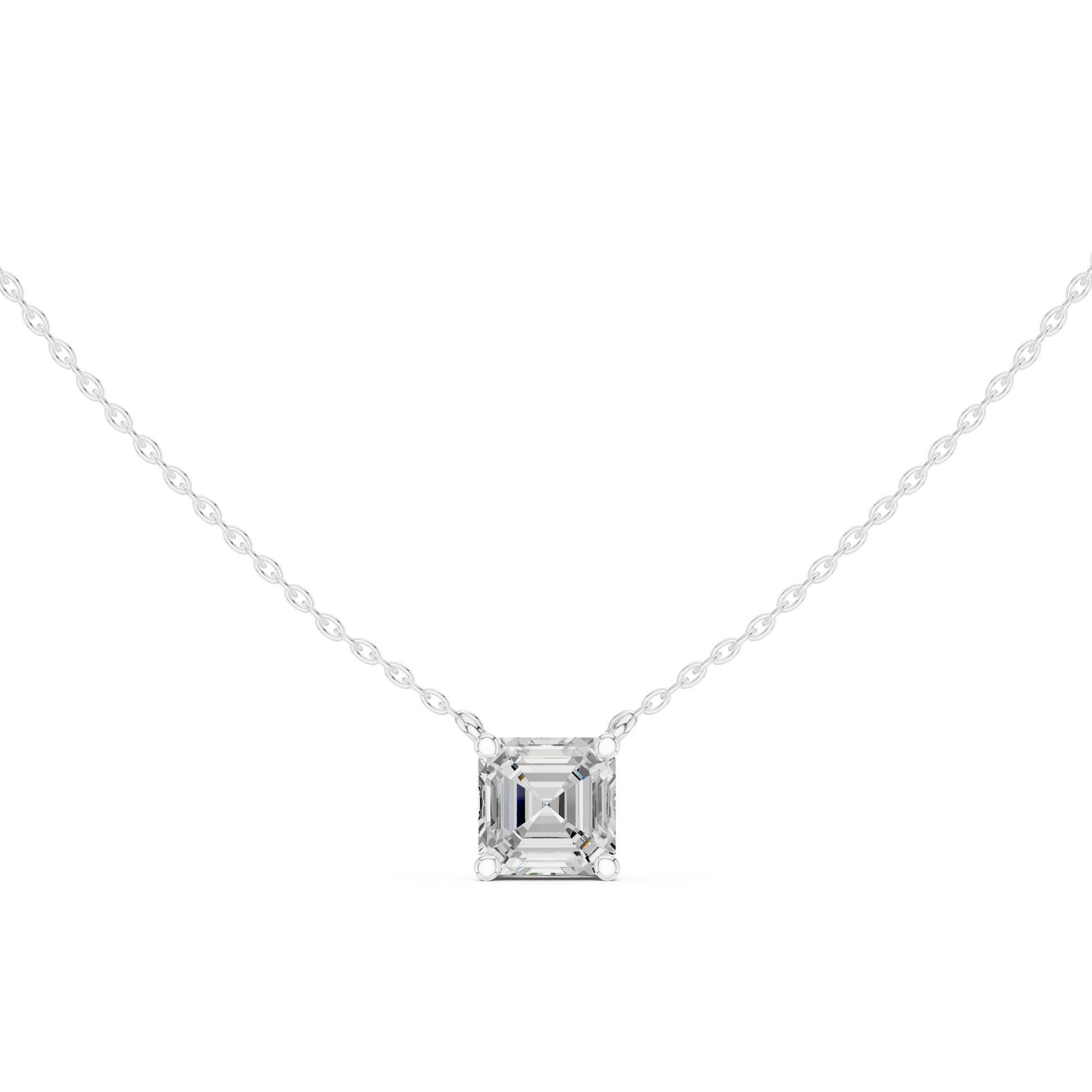 Gold necklace with a Asscher-cut diamond pendant on a white background