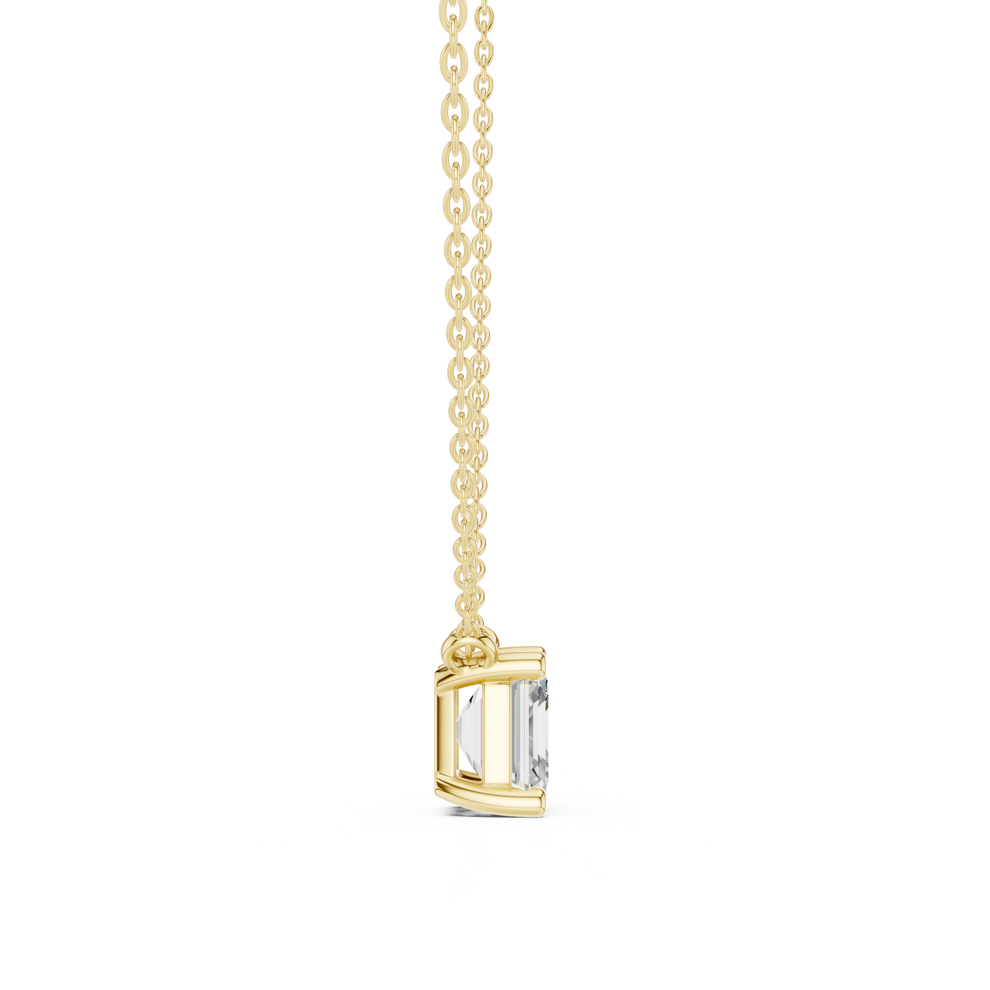 Gold necklace with a Asscher-cut diamond pendant on a white background