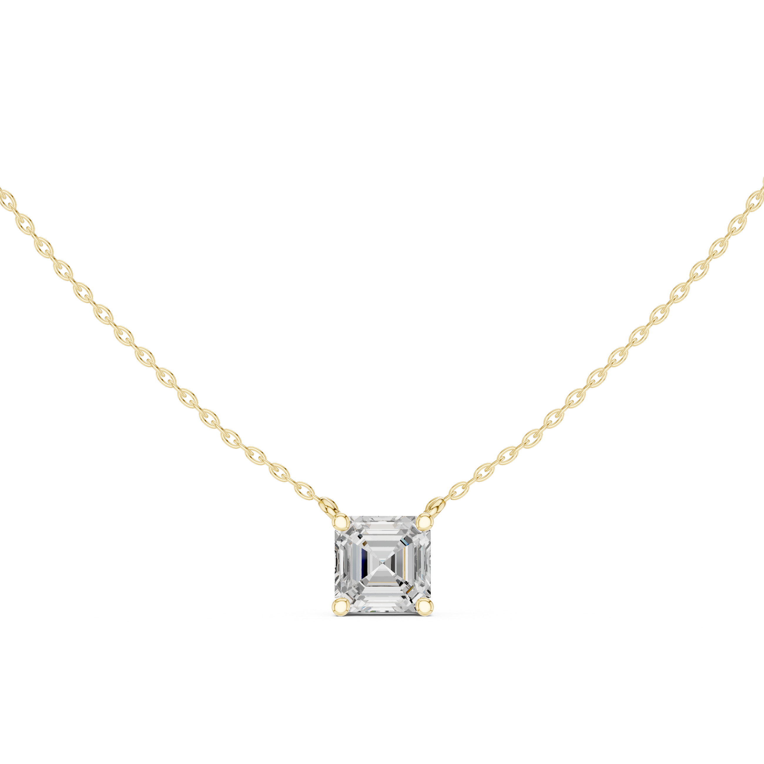 Gold necklace with a Asscher-cut diamond pendant on a white background