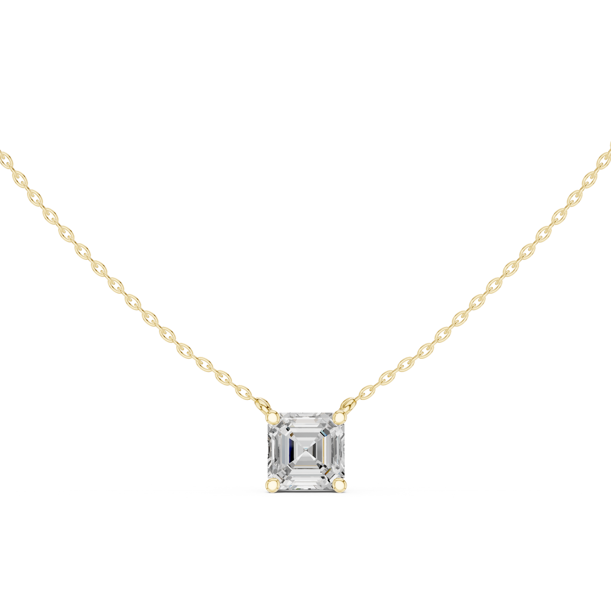 Gold necklace with a Asscher-cut diamond pendant on a white background