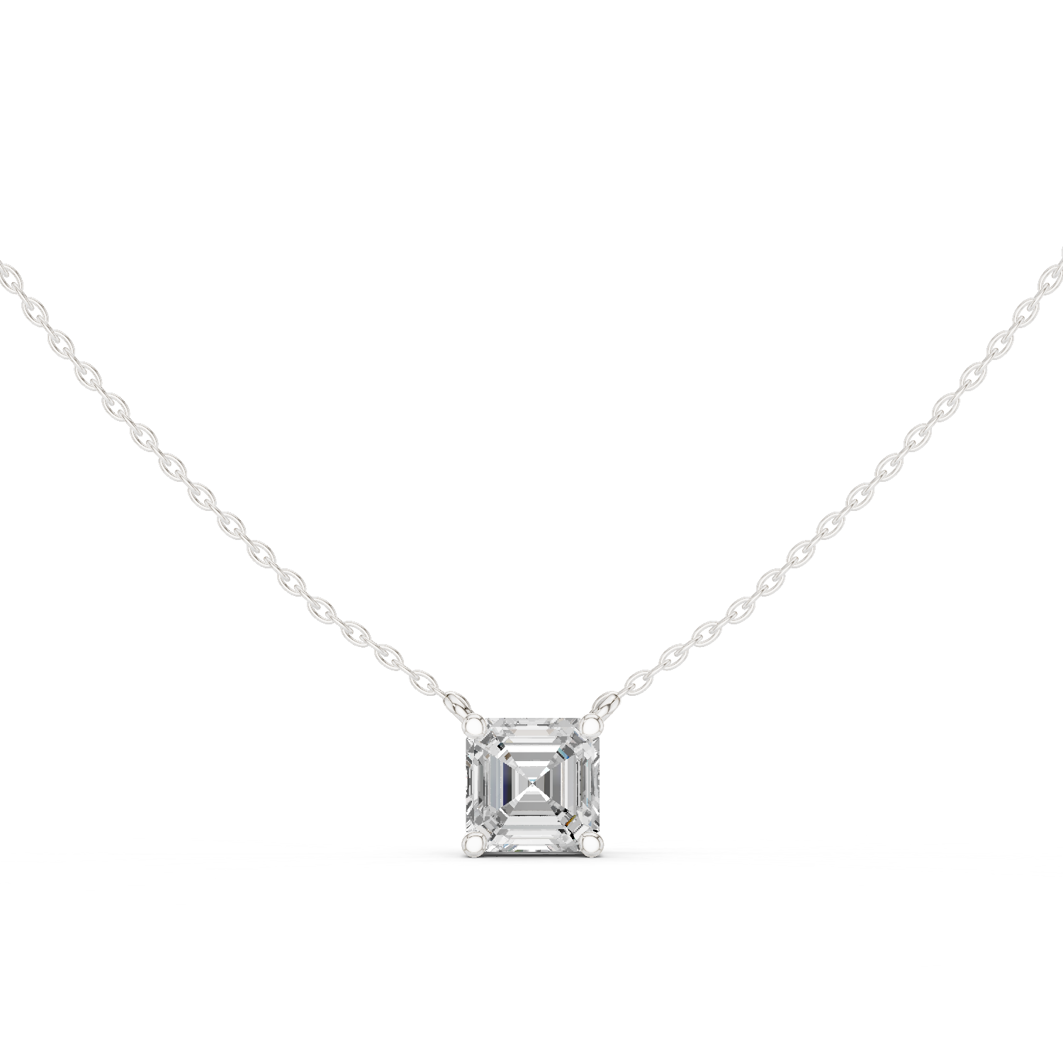 Gold necklace with a Asscher-cut diamond pendant on a white background