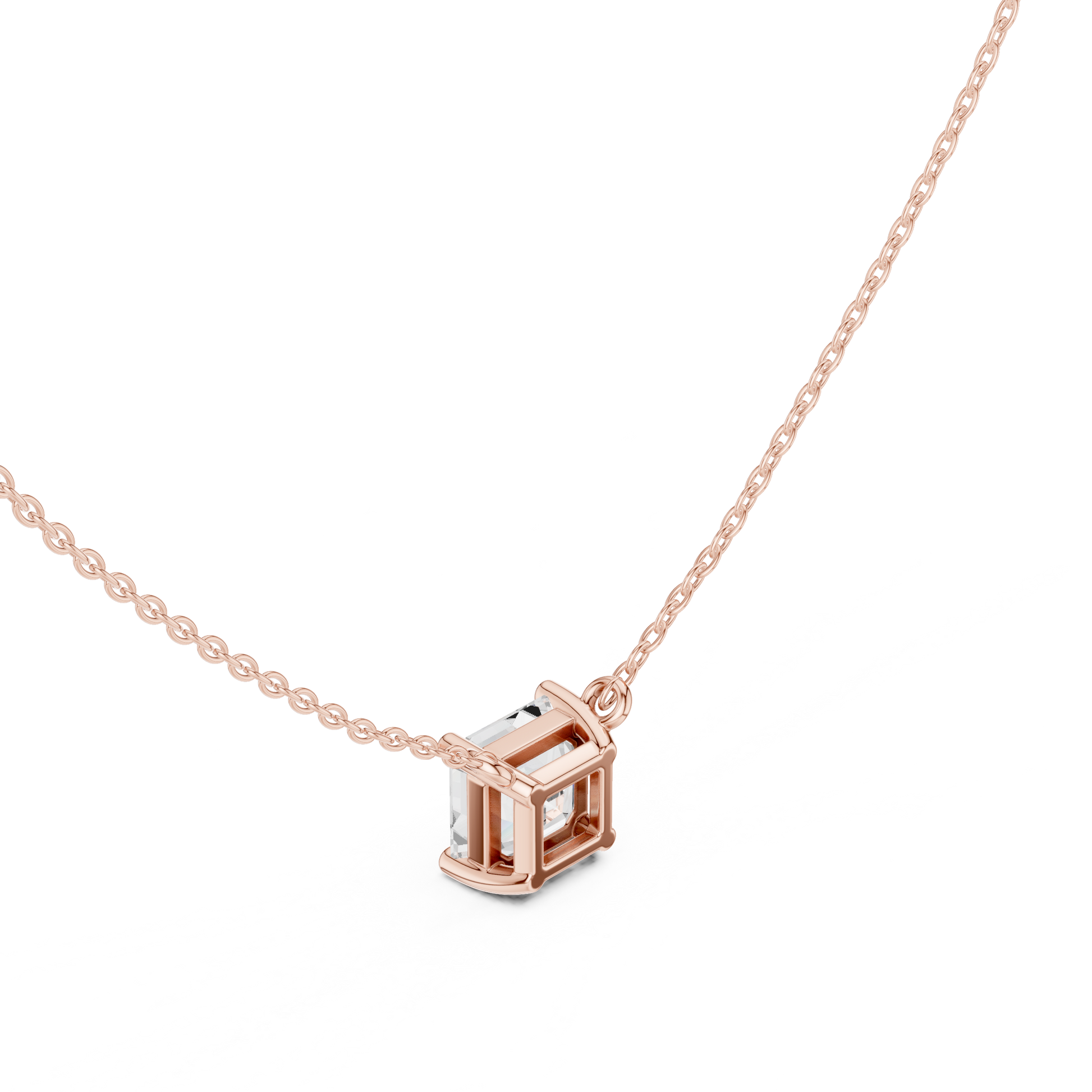 Gold necklace with a Asscher-cut diamond pendant on a white background