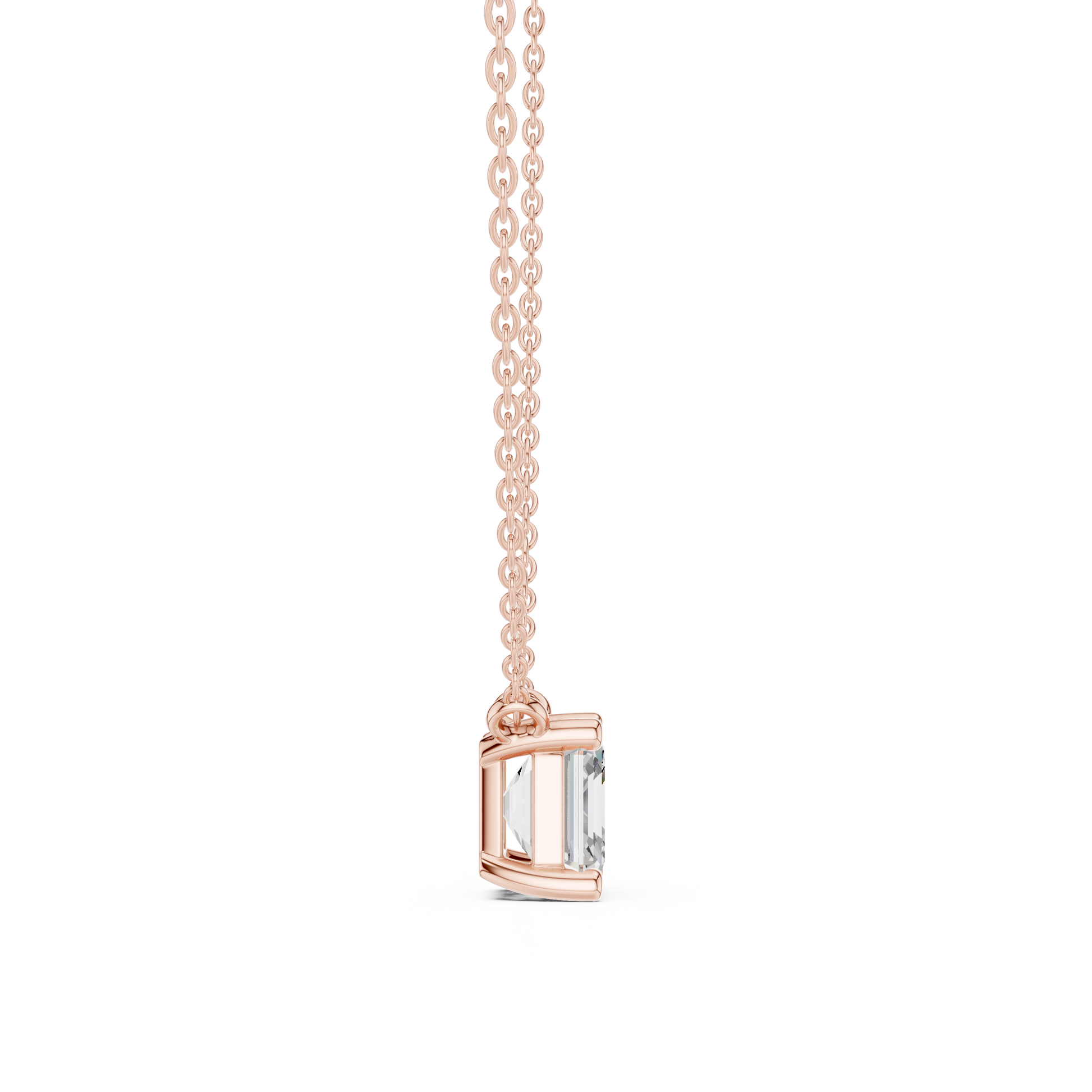 Gold necklace with a Asscher-cut diamond pendant on a white background