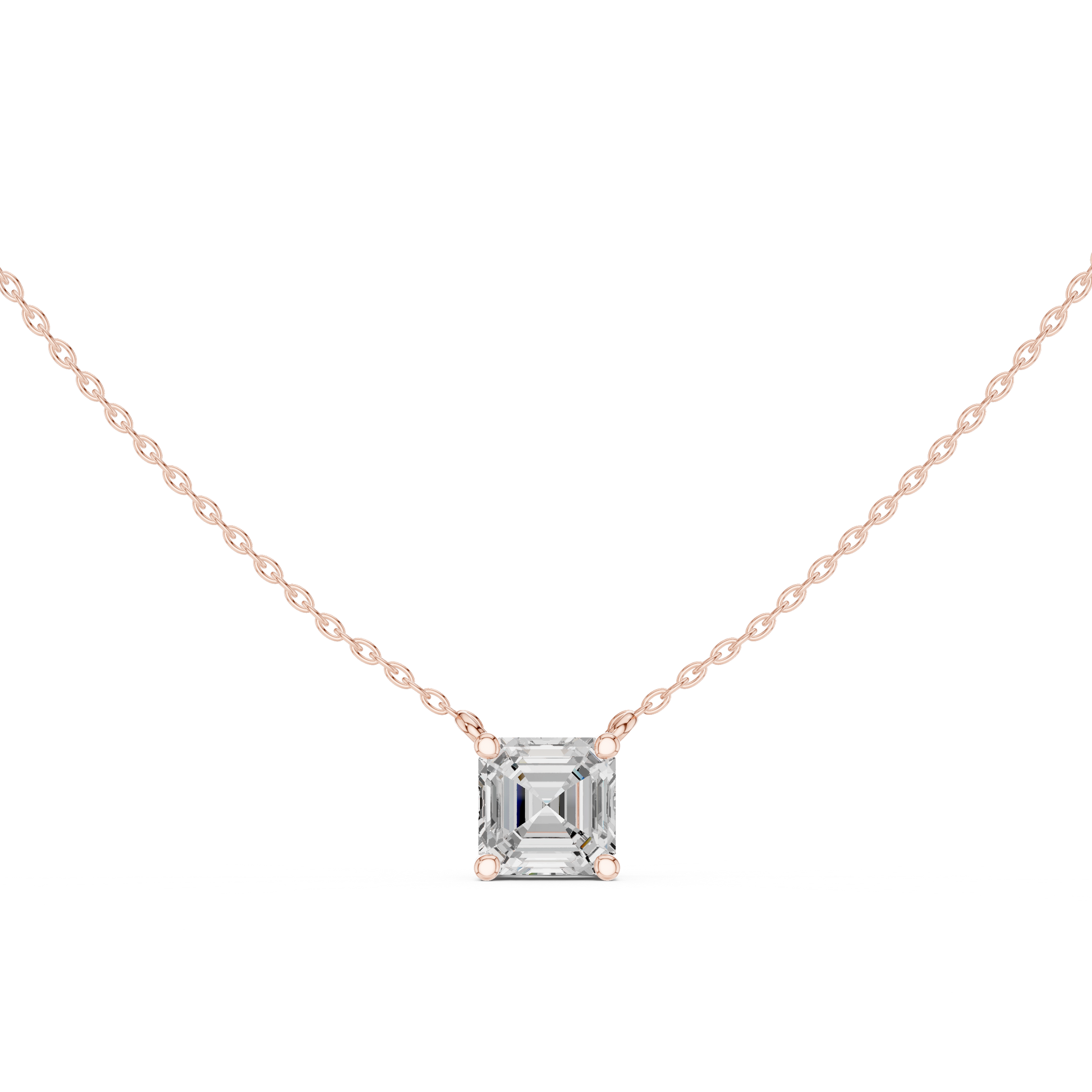 Gold necklace with a Asscher-cut diamond pendant on a white background