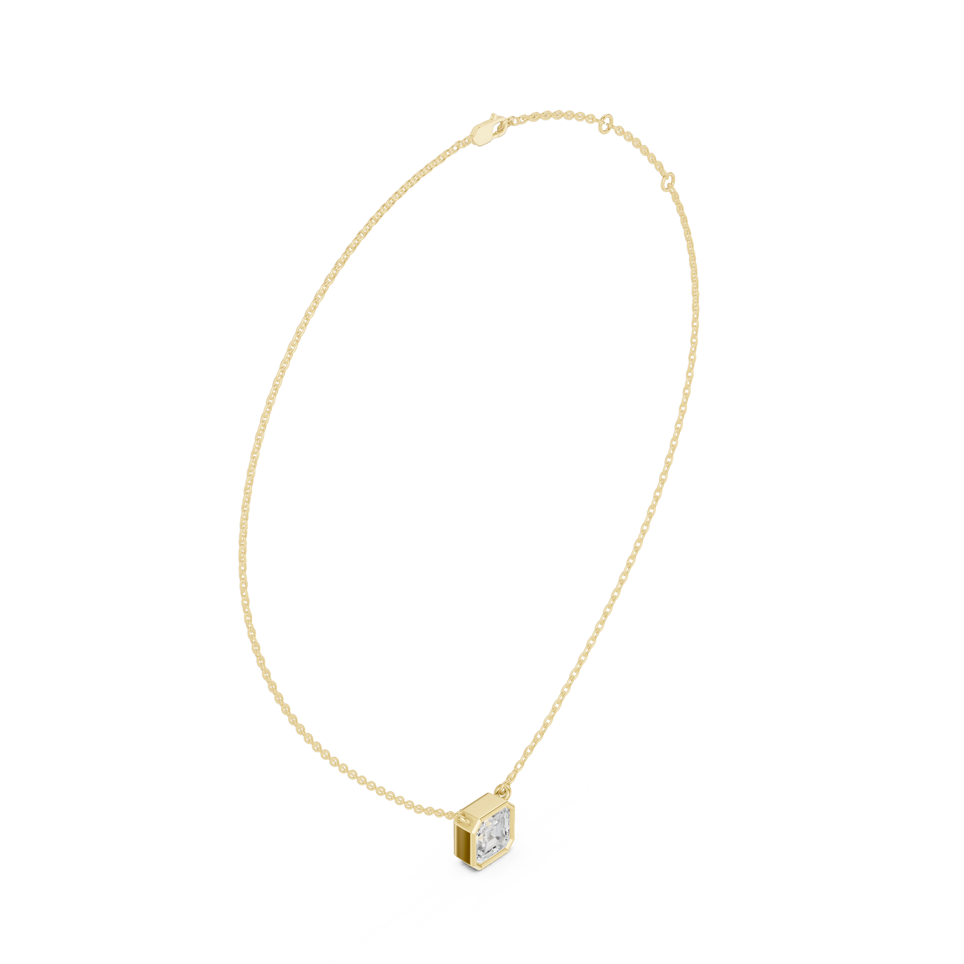 Gold necklace with a diamond pendant on a white background