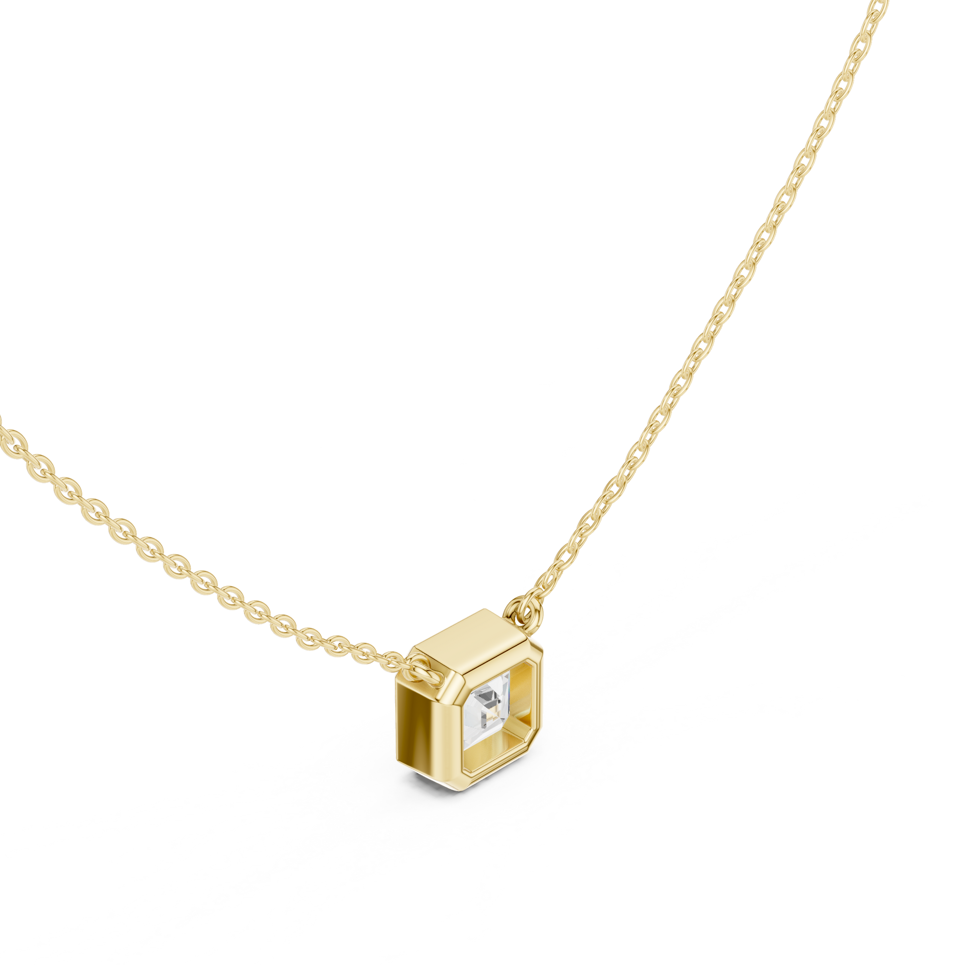 Gold necklace with a diamond pendant on a white background