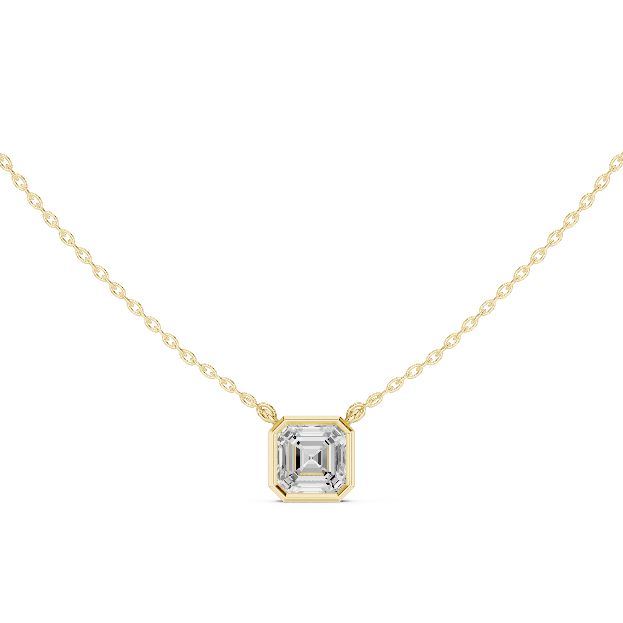 Gold necklace with a diamond pendant on a white background