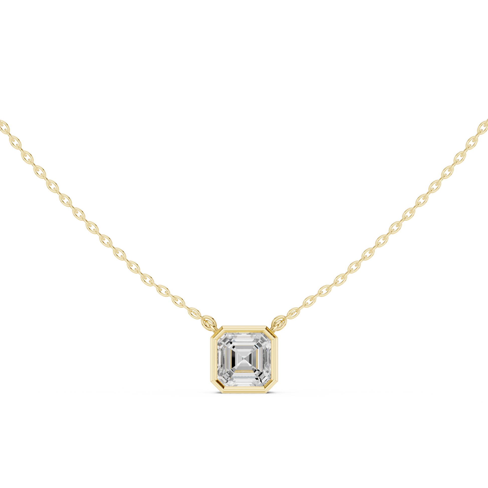 Gold necklace with a diamond pendant on a white background