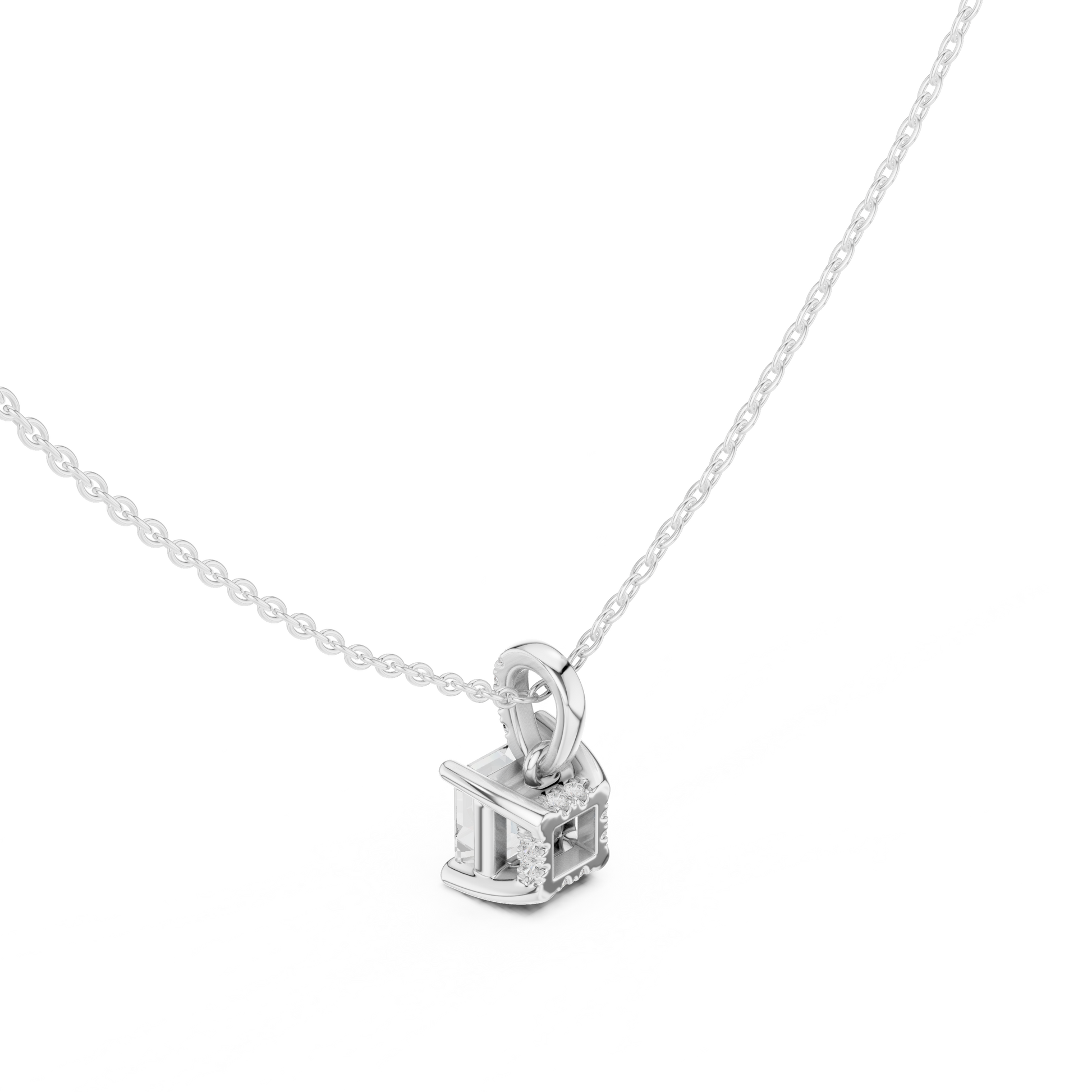 Gold pendant necklace with a diamond on a white background