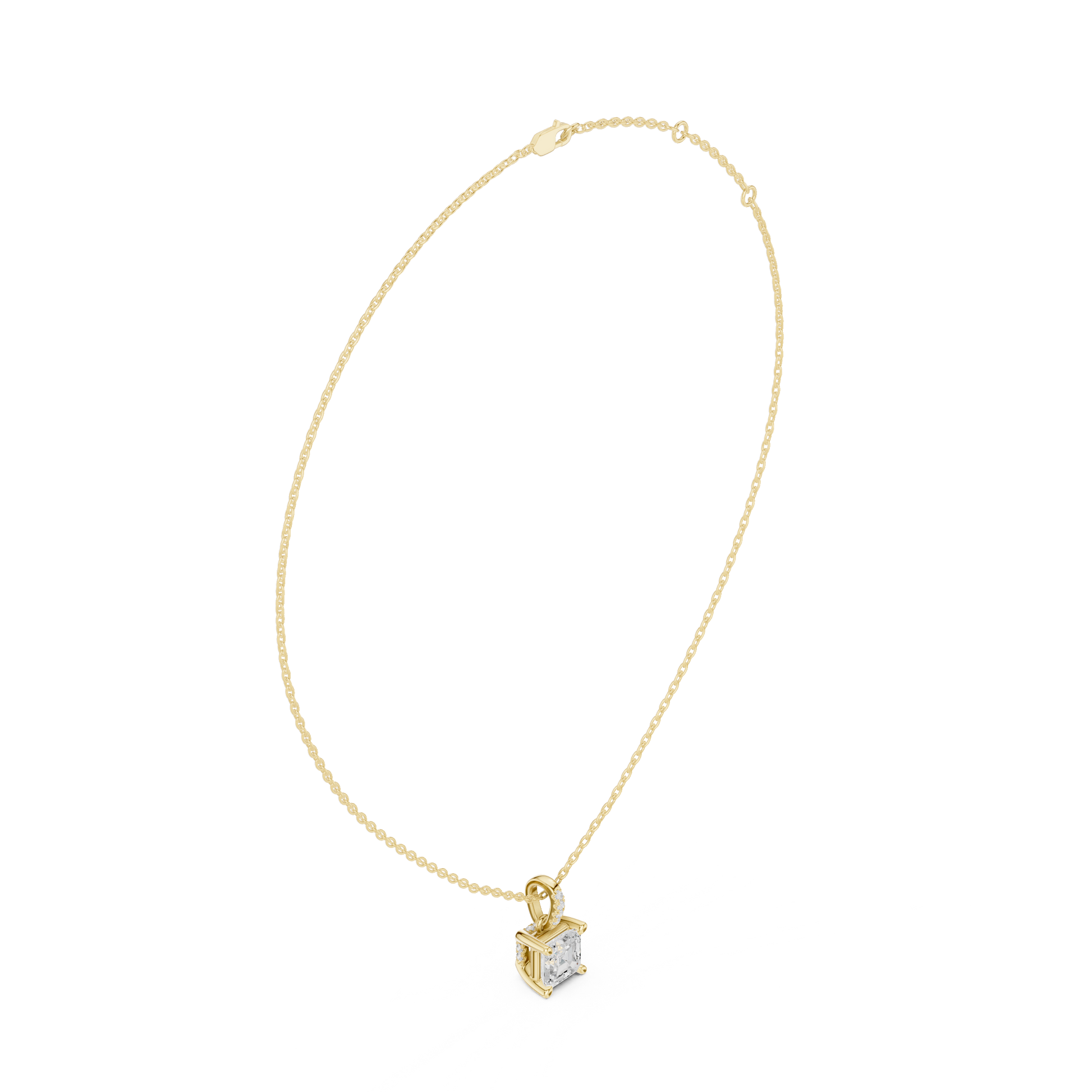 Gold necklace with a diamond pendant on a white background