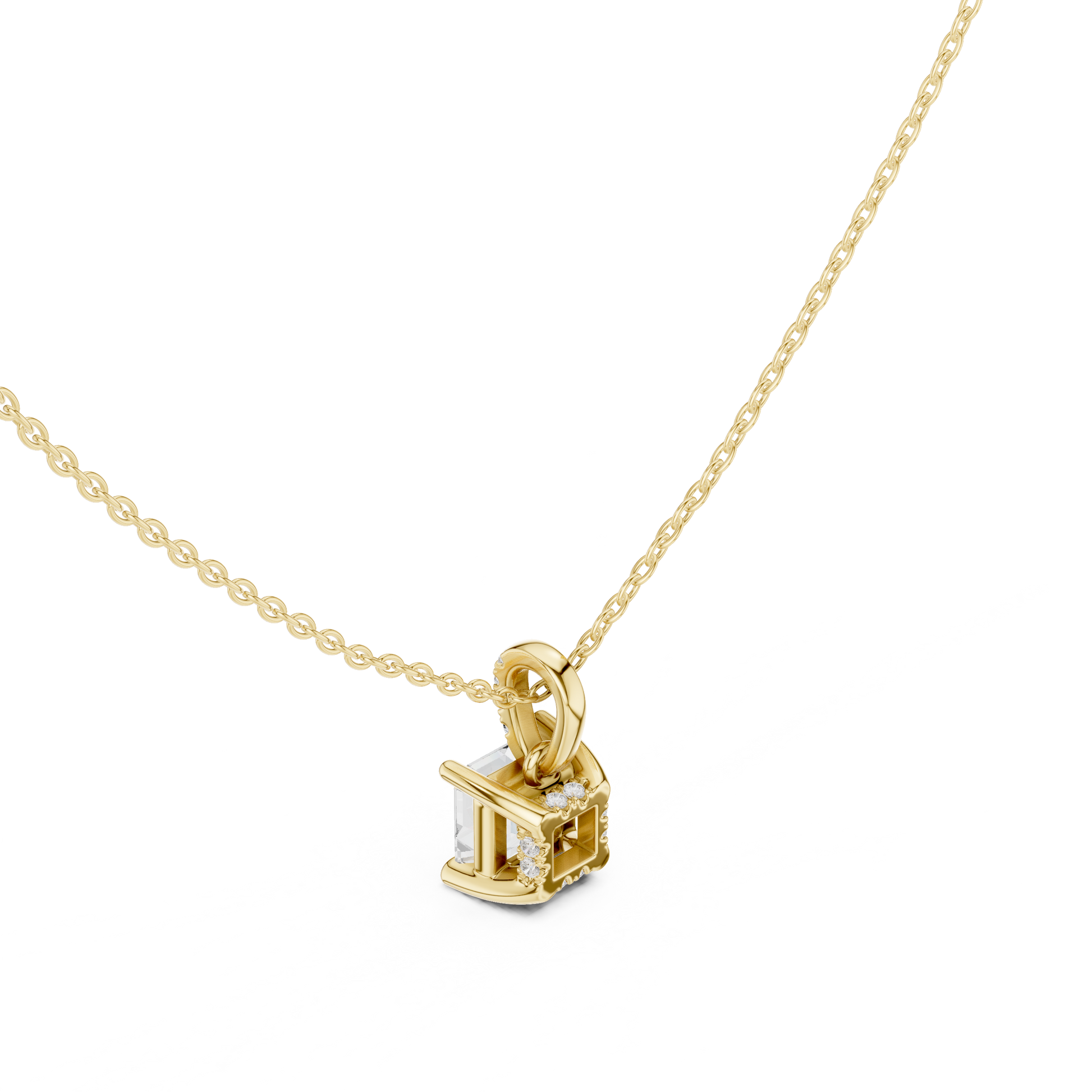 Gold pendant necklace with a diamond on a white background