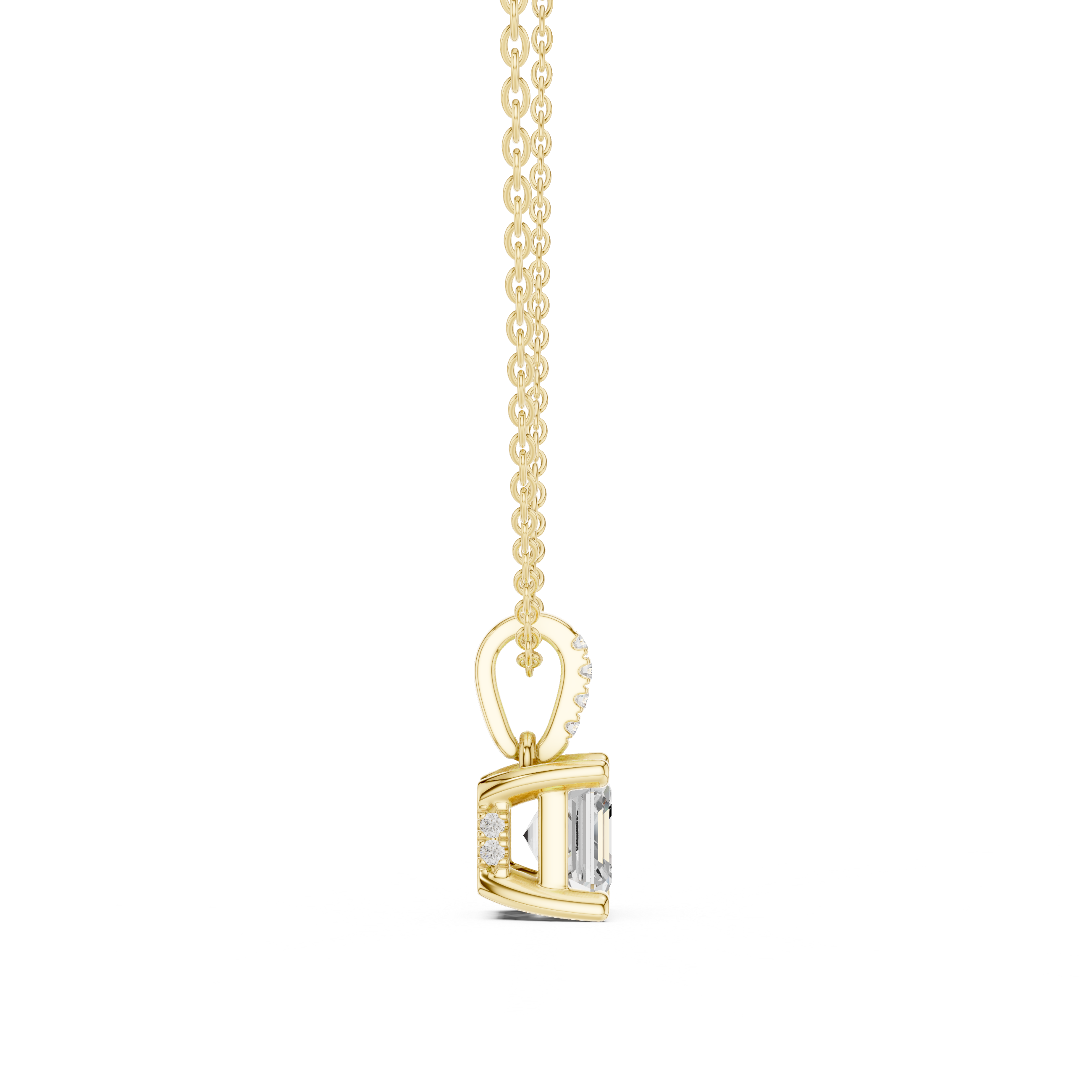 Gold pendant necklace with a diamond on a white background