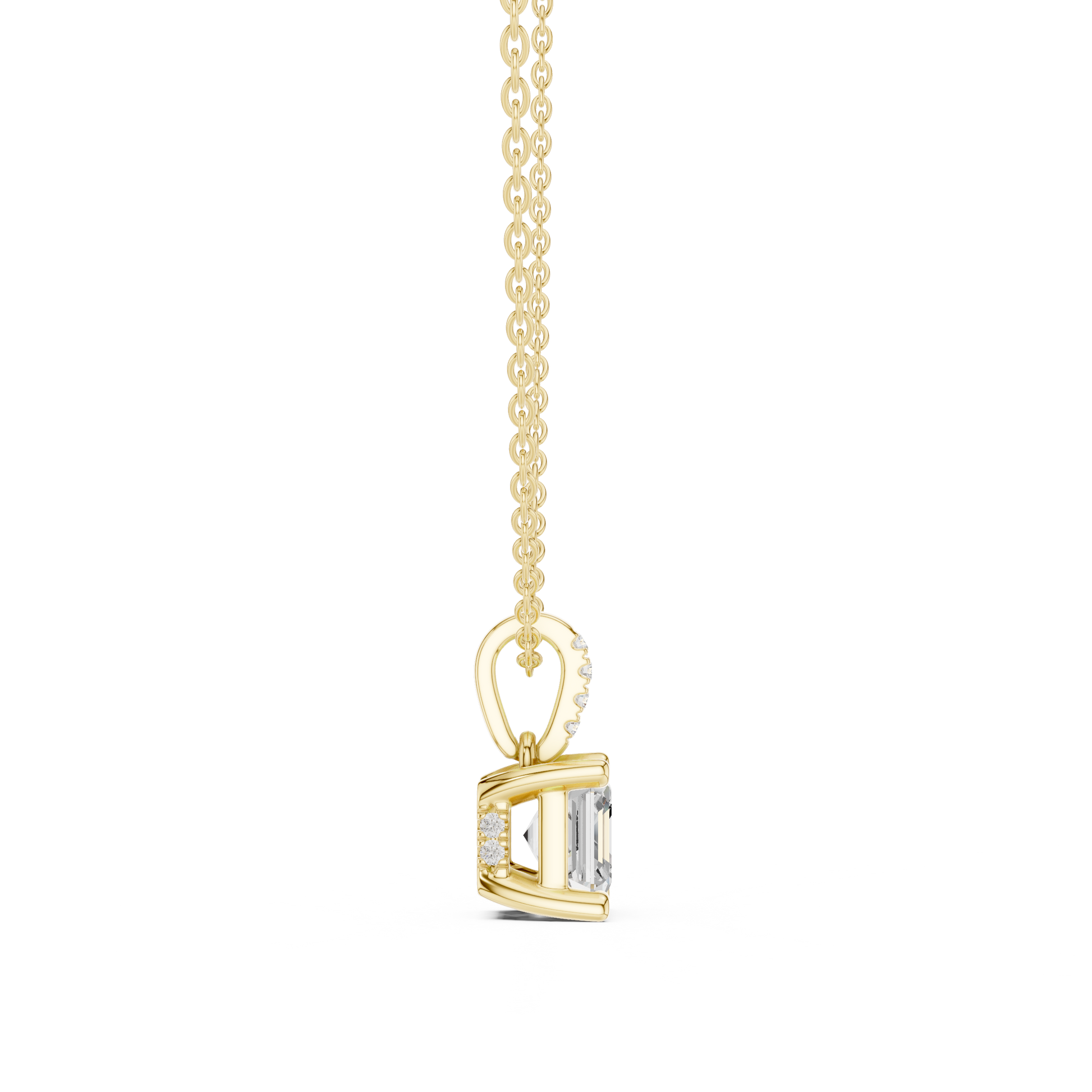 Gold pendant necklace with a diamond on a white background