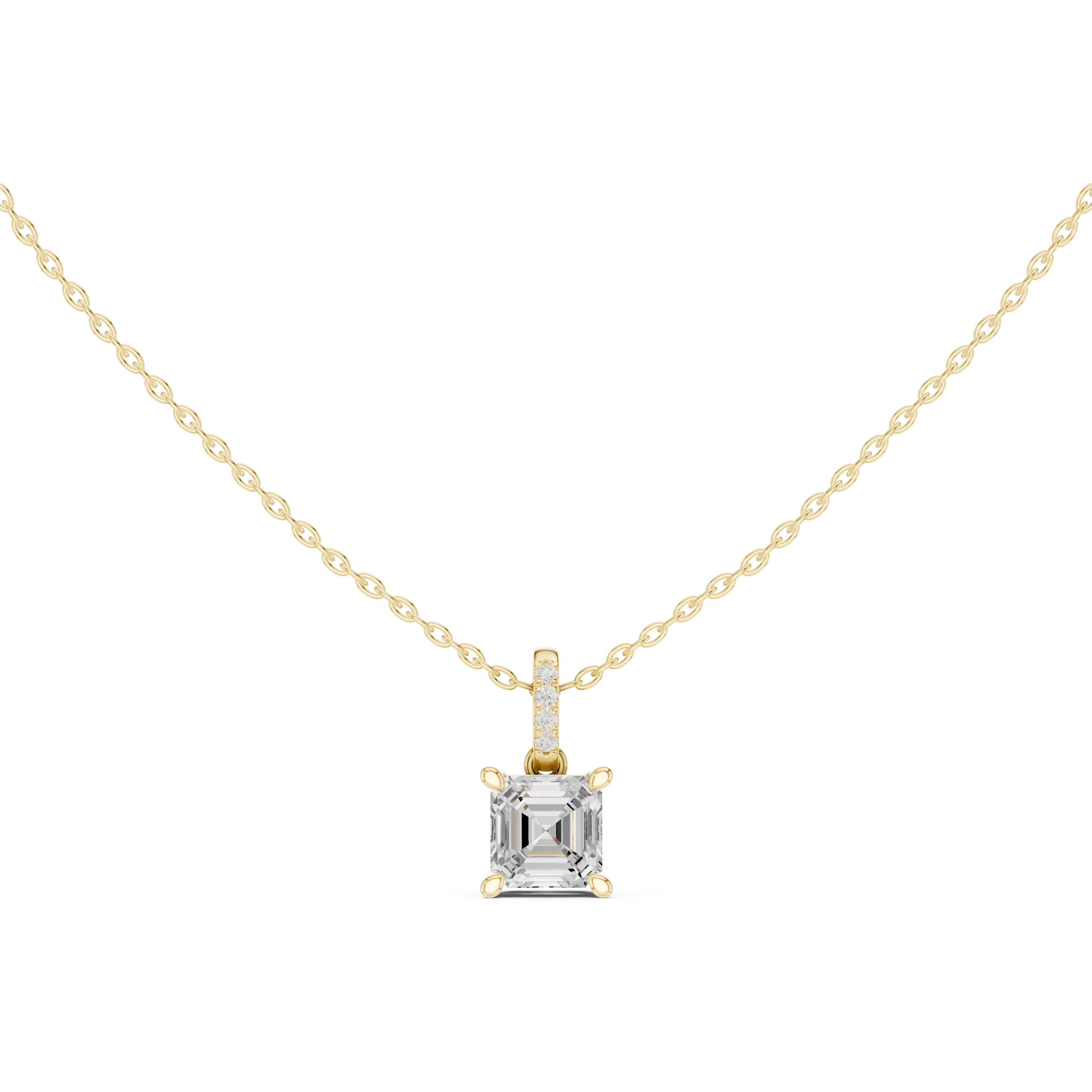 Gold necklace with a diamond pendant on a white background