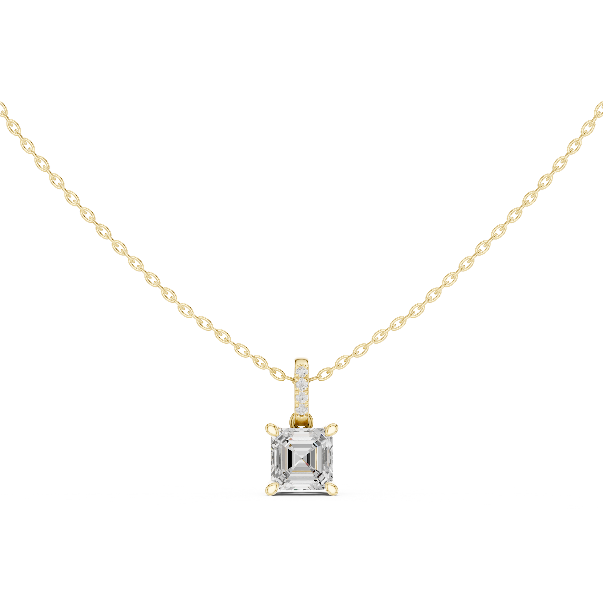 Gold necklace with a diamond pendant on a white background