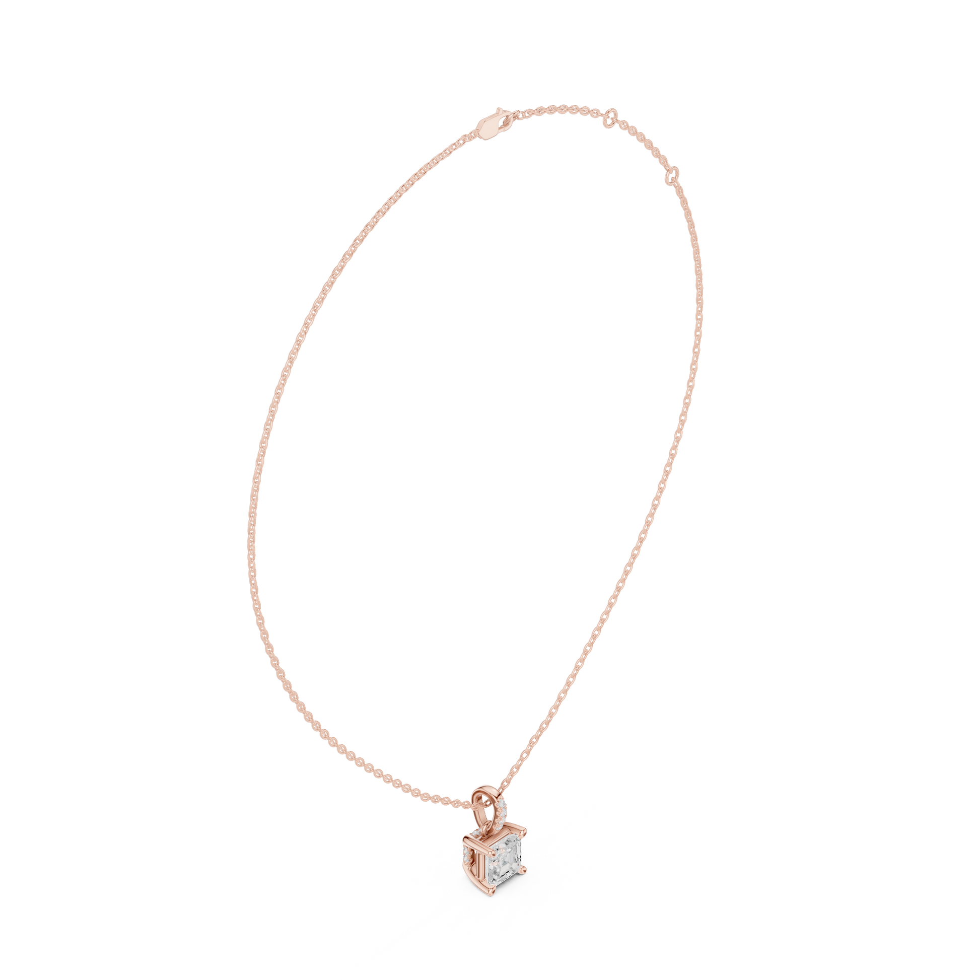 Gold pendant necklace with a diamond on a white background