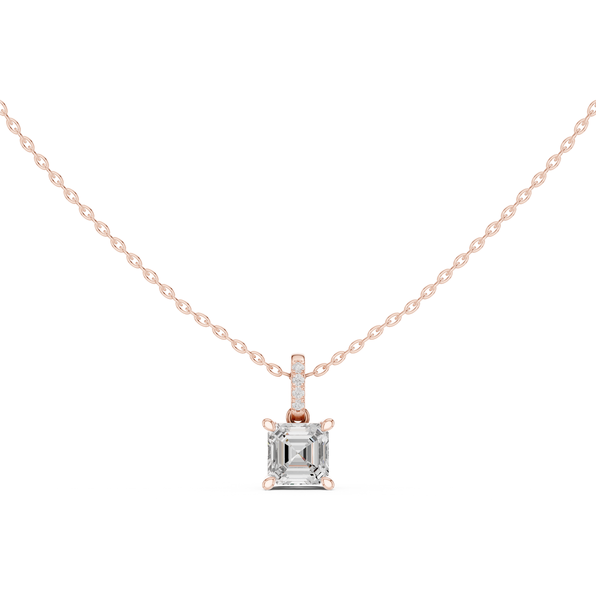 Gold pendant necklace with a diamond on a white background