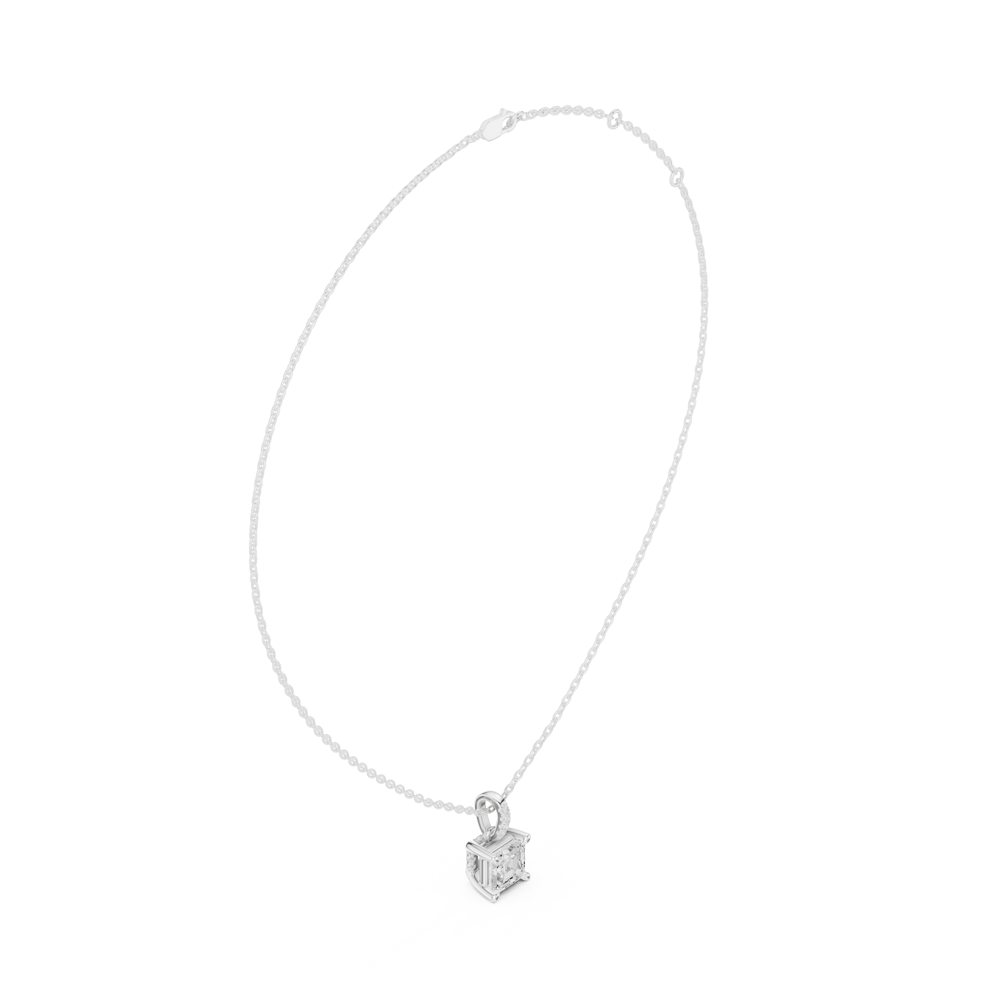 Gold pendant necklace with a diamond on a white background