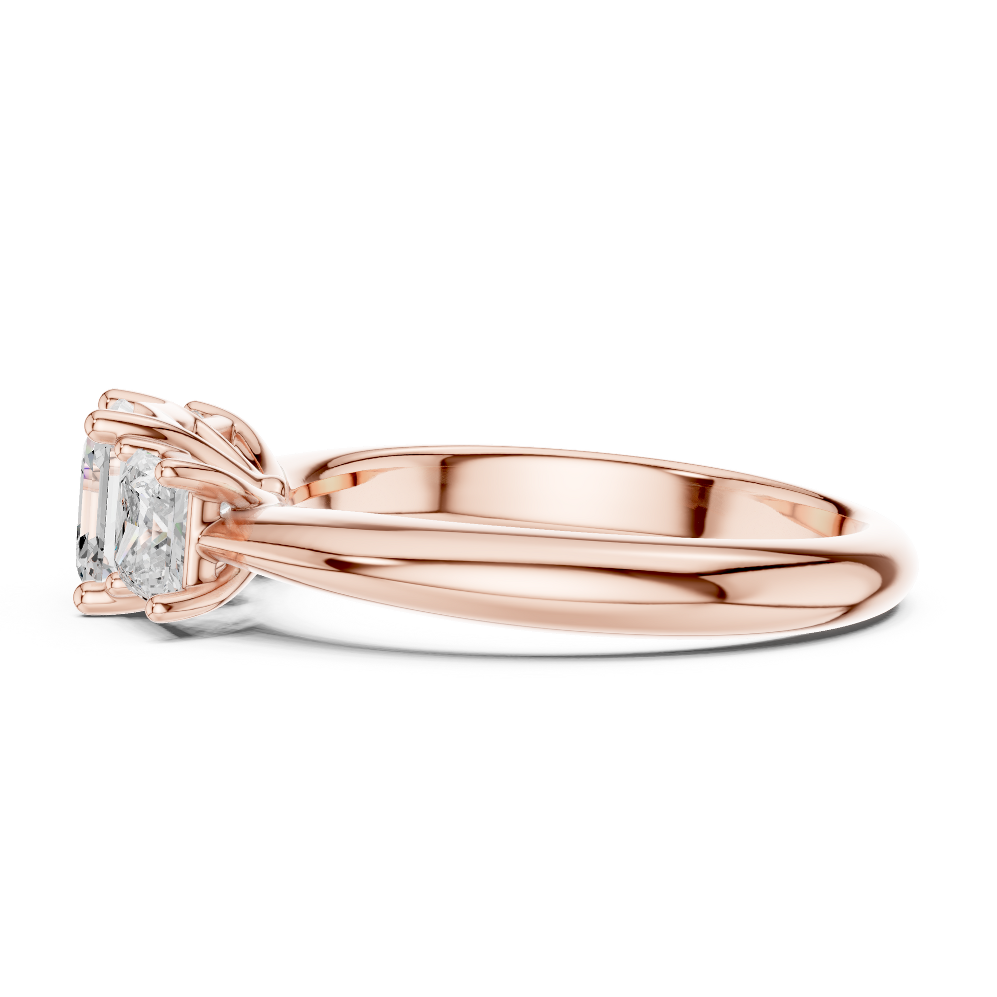 Rose gold ring with a diamond on a white background