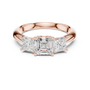 Rose gold ring with three diamonds on a white background