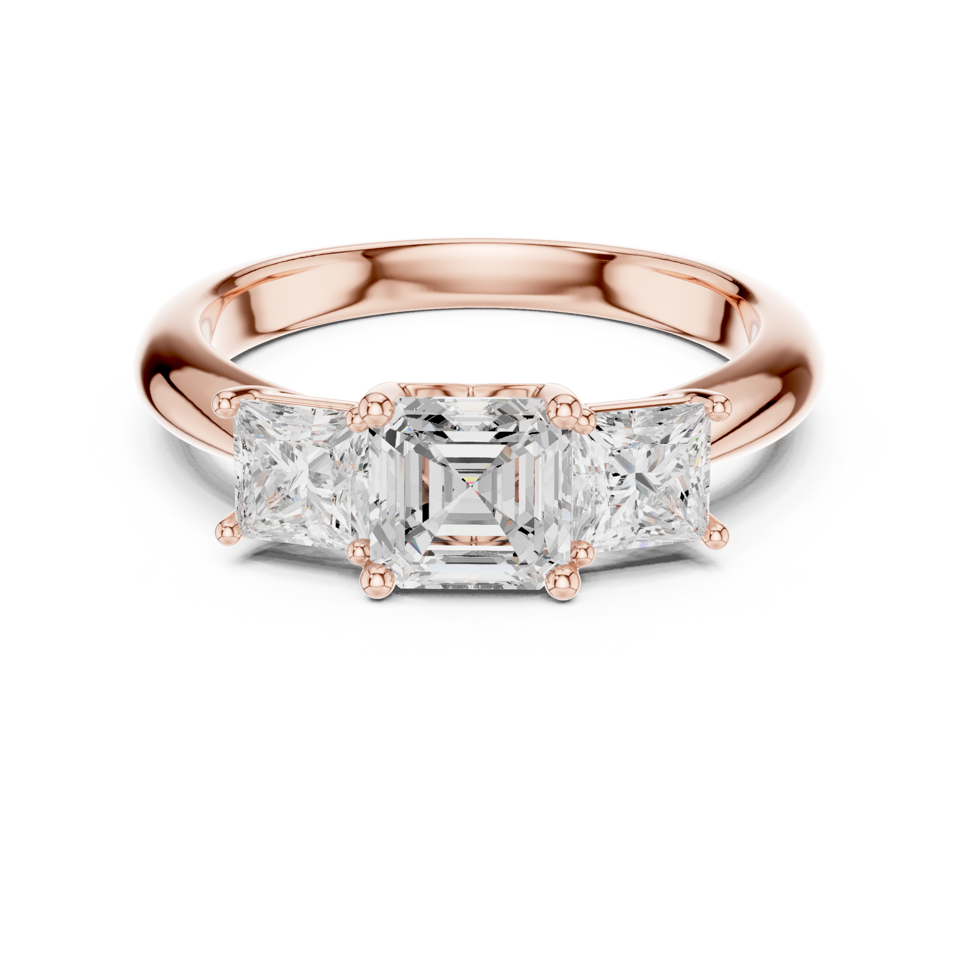 Rose gold ring with three diamonds on a white background