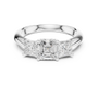 Diamond ring with three princess-cut diamonds on a white background