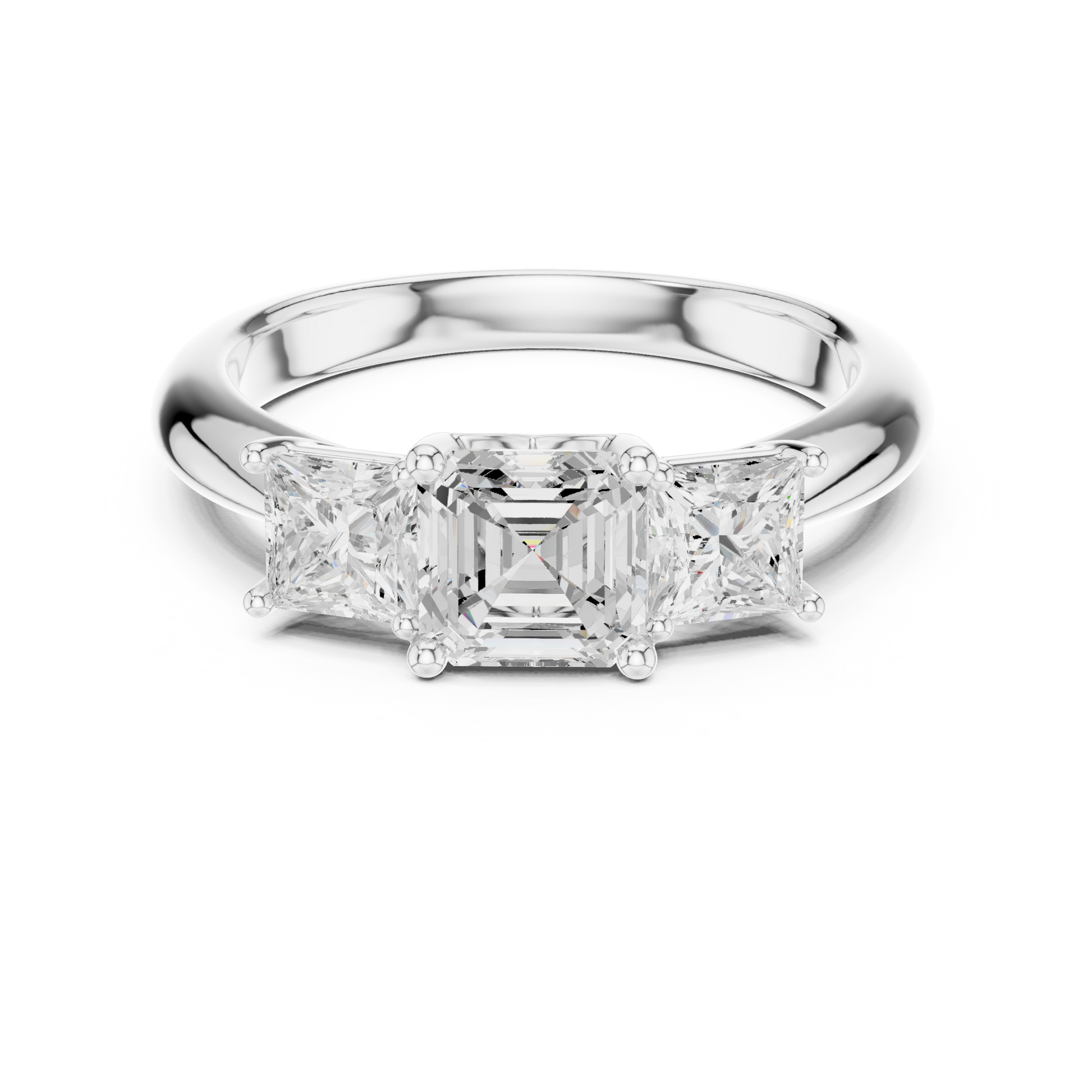 Diamond ring with three princess-cut diamonds on a white background