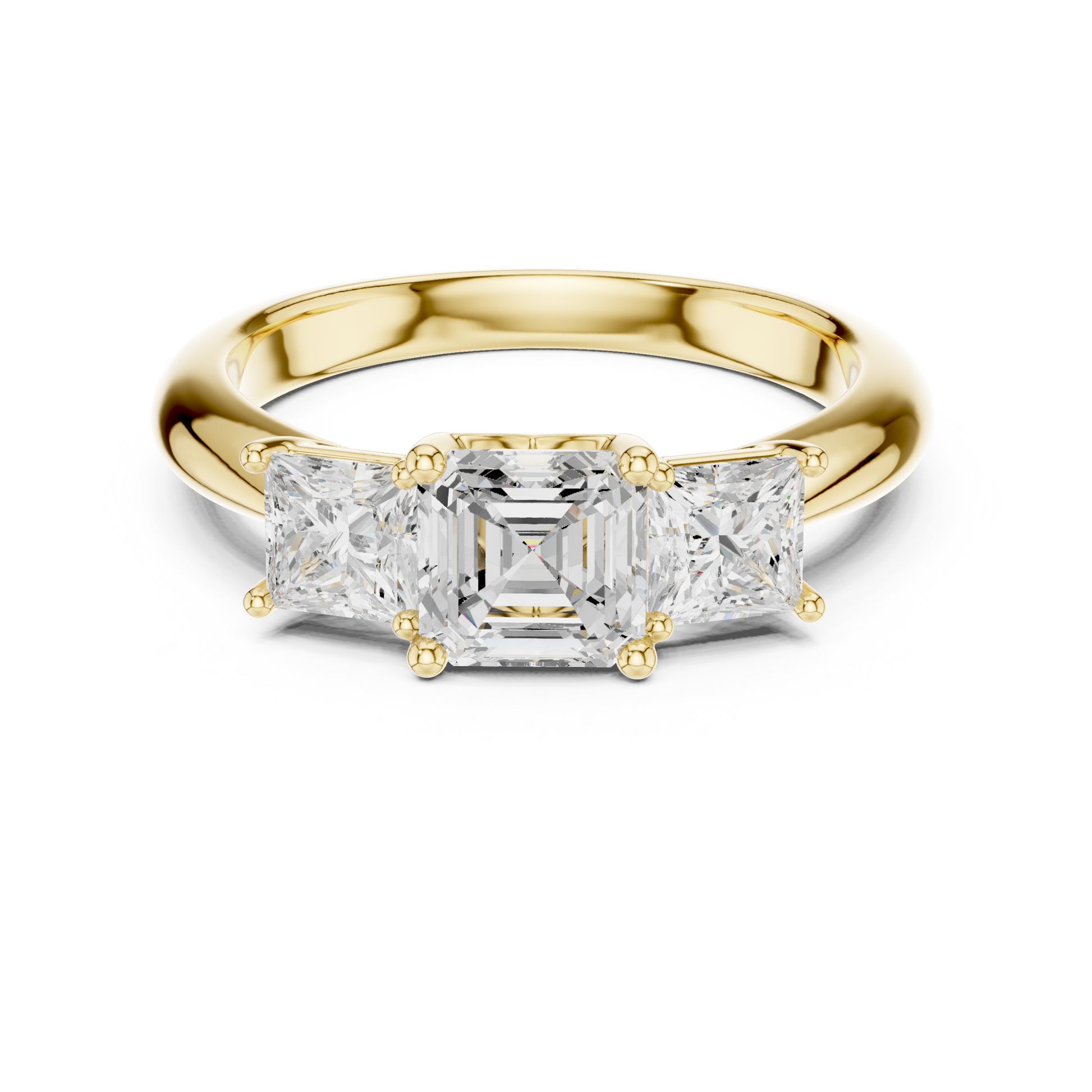 Gold ring with three diamond stones on a white background