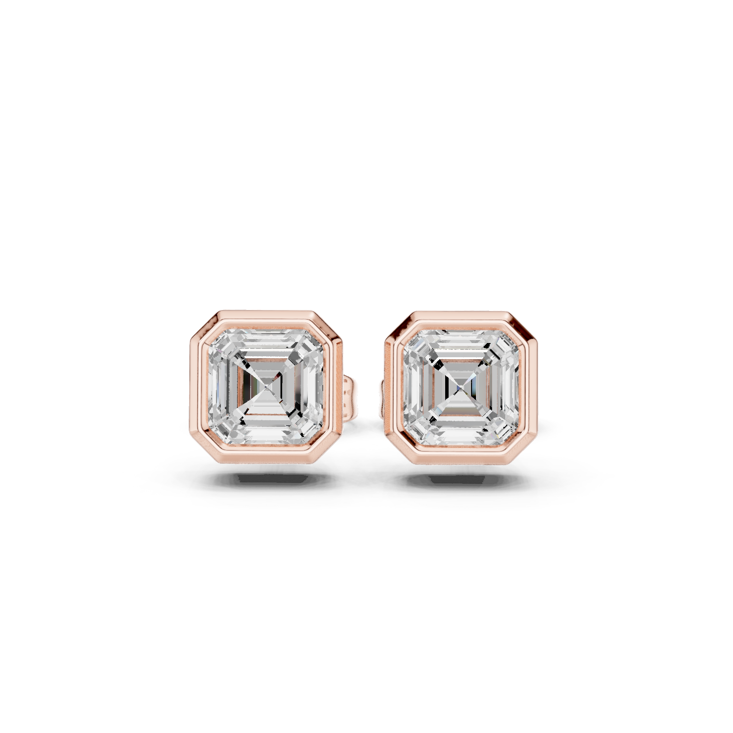 Rose gold earrings with clear gemstones on a white background