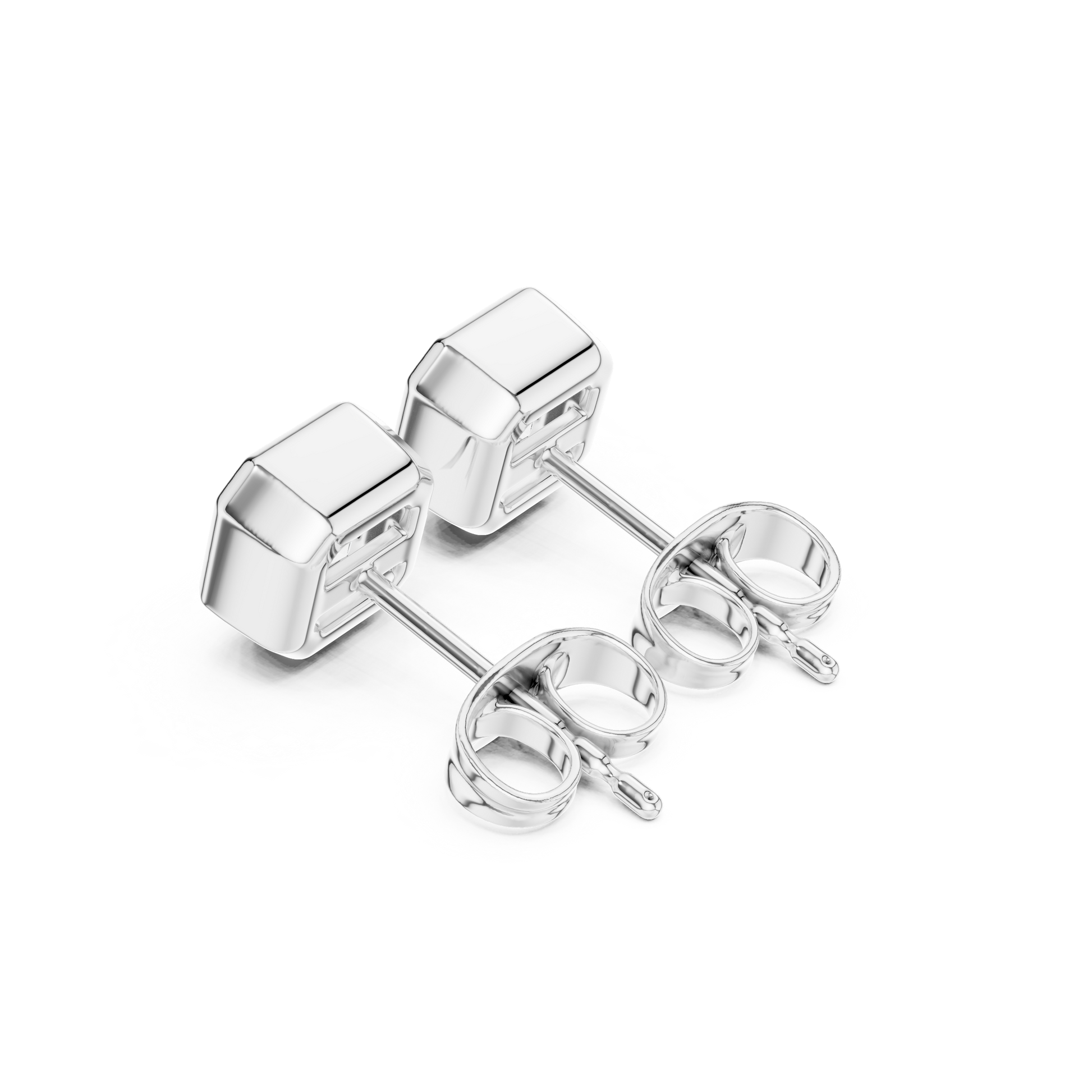 Pair of silver square stud earrings on a white background