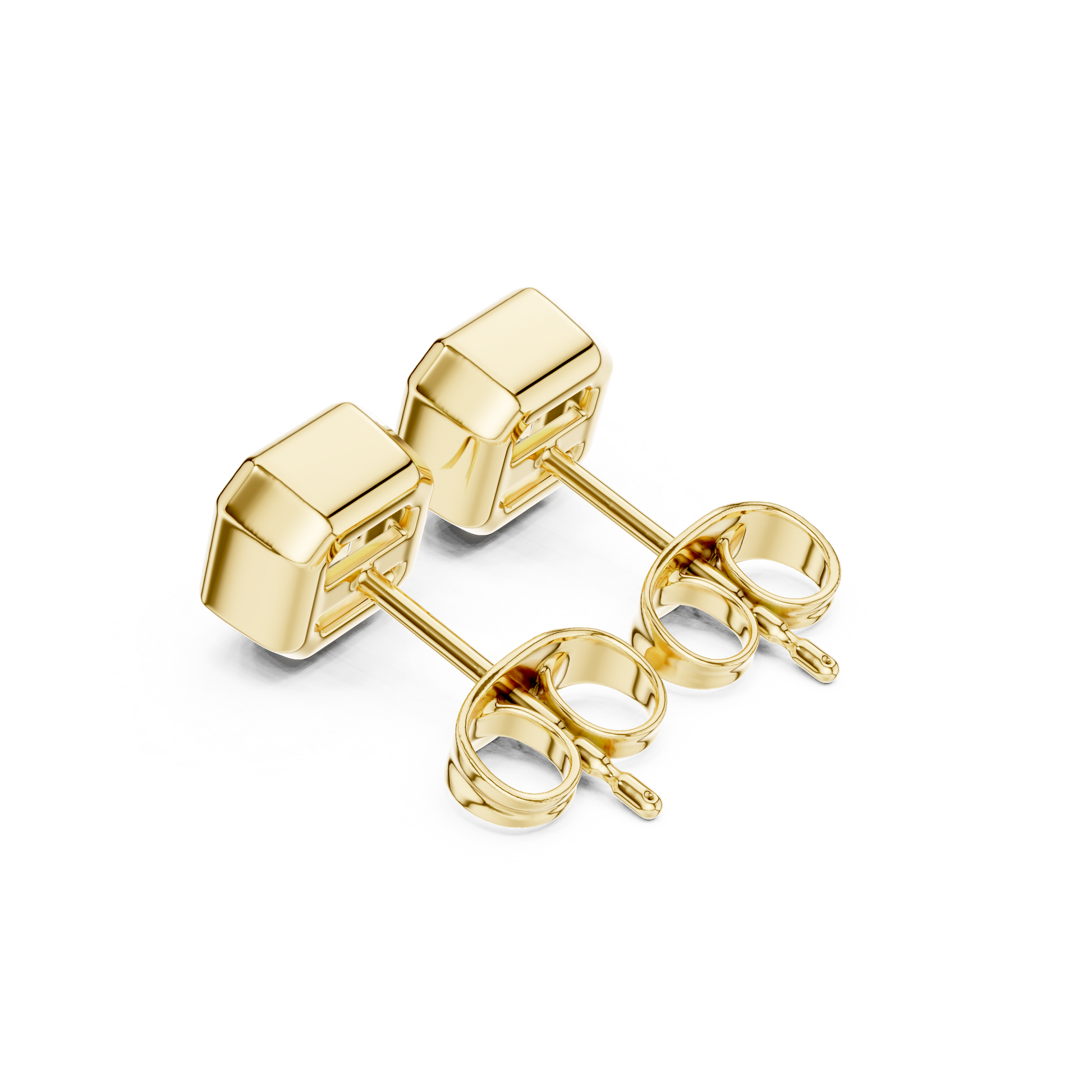 Gold square stud earrings on a white background