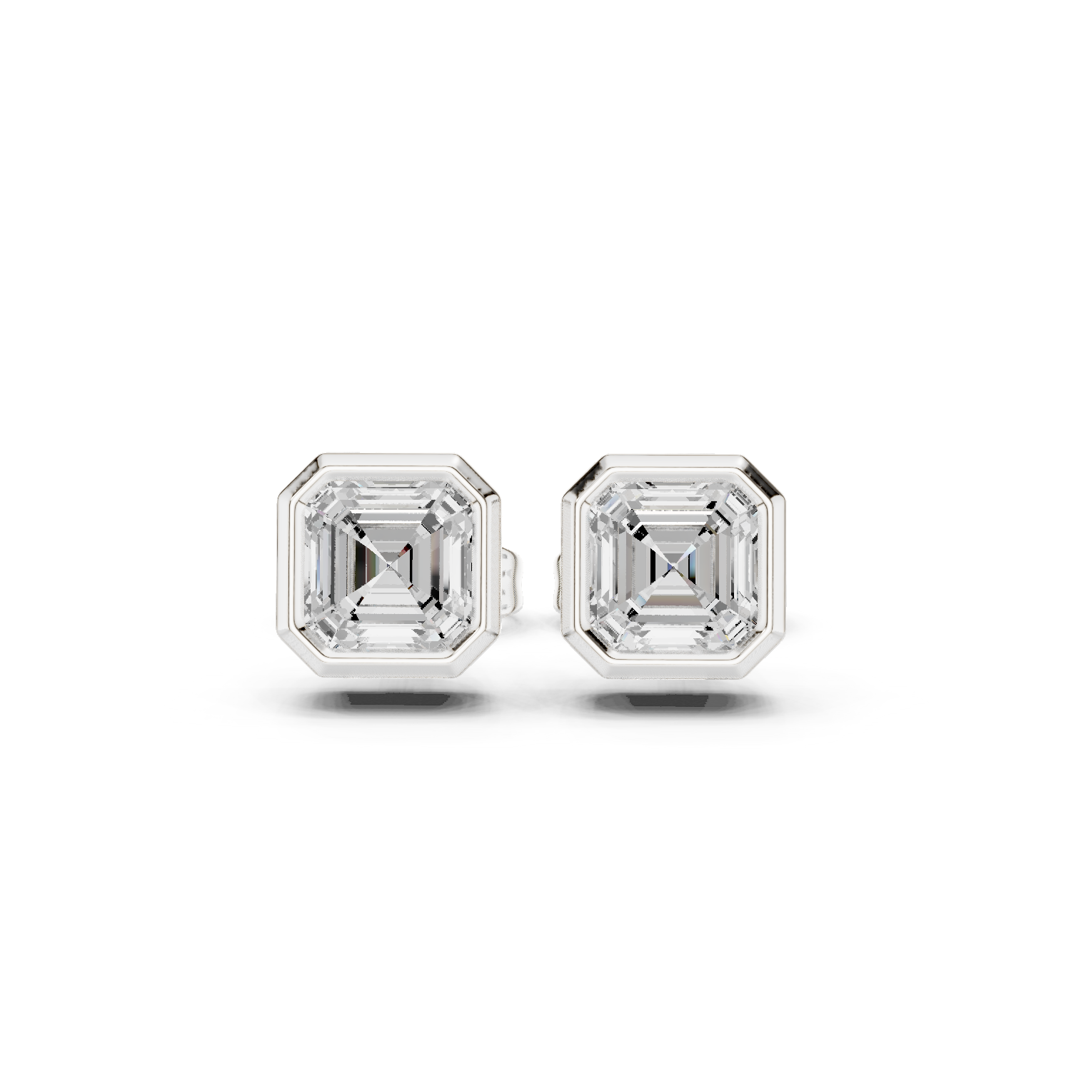 Asscher-cut diamond earrings on a white background