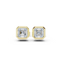 Gold earrings with clear gemstones on a white background
