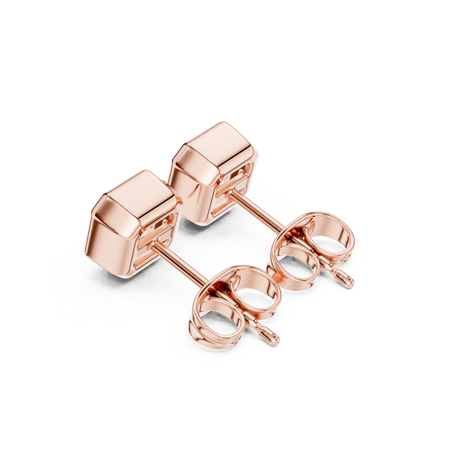 Rose gold square stud earrings on a white background