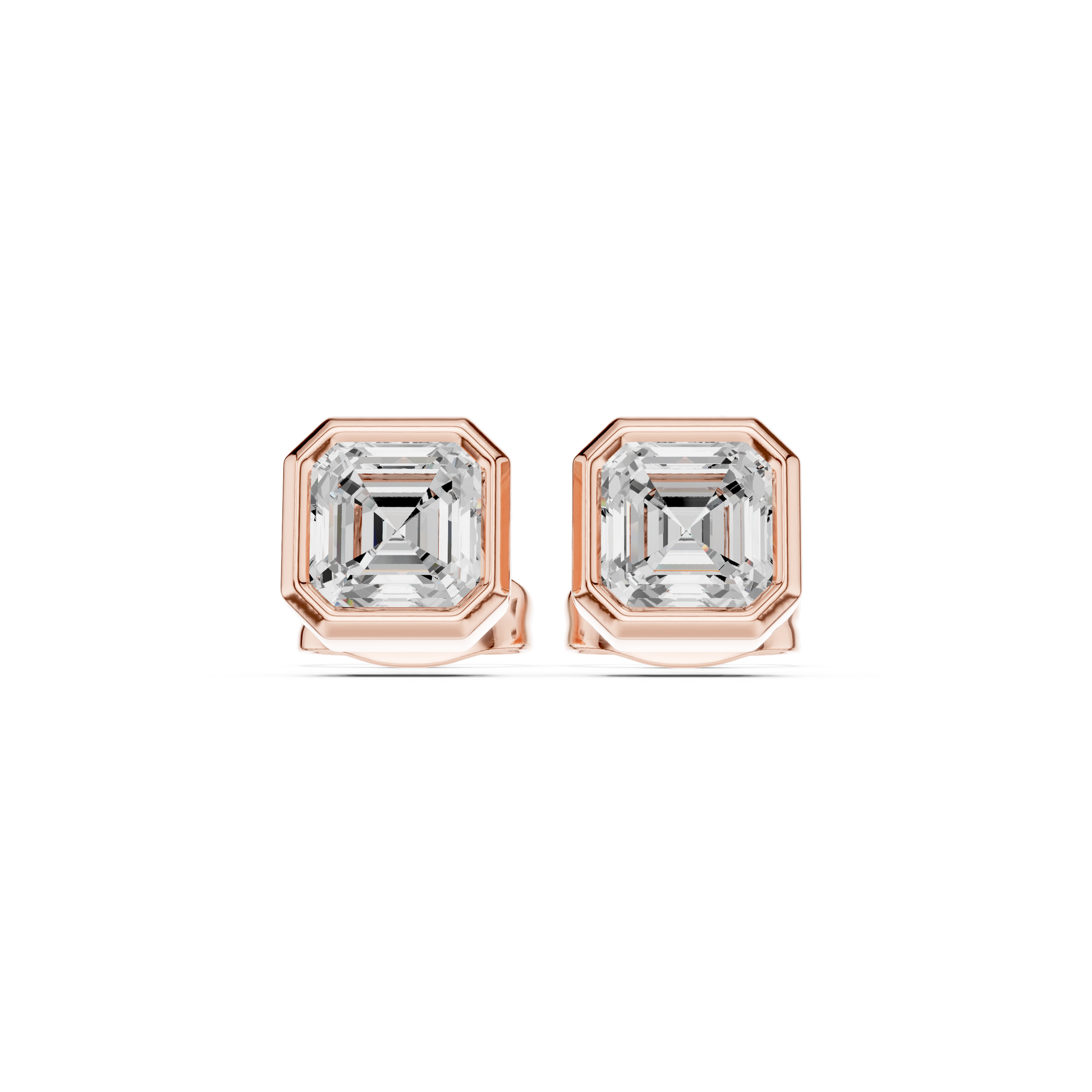 Rose gold earrings with clear gemstones on a white background