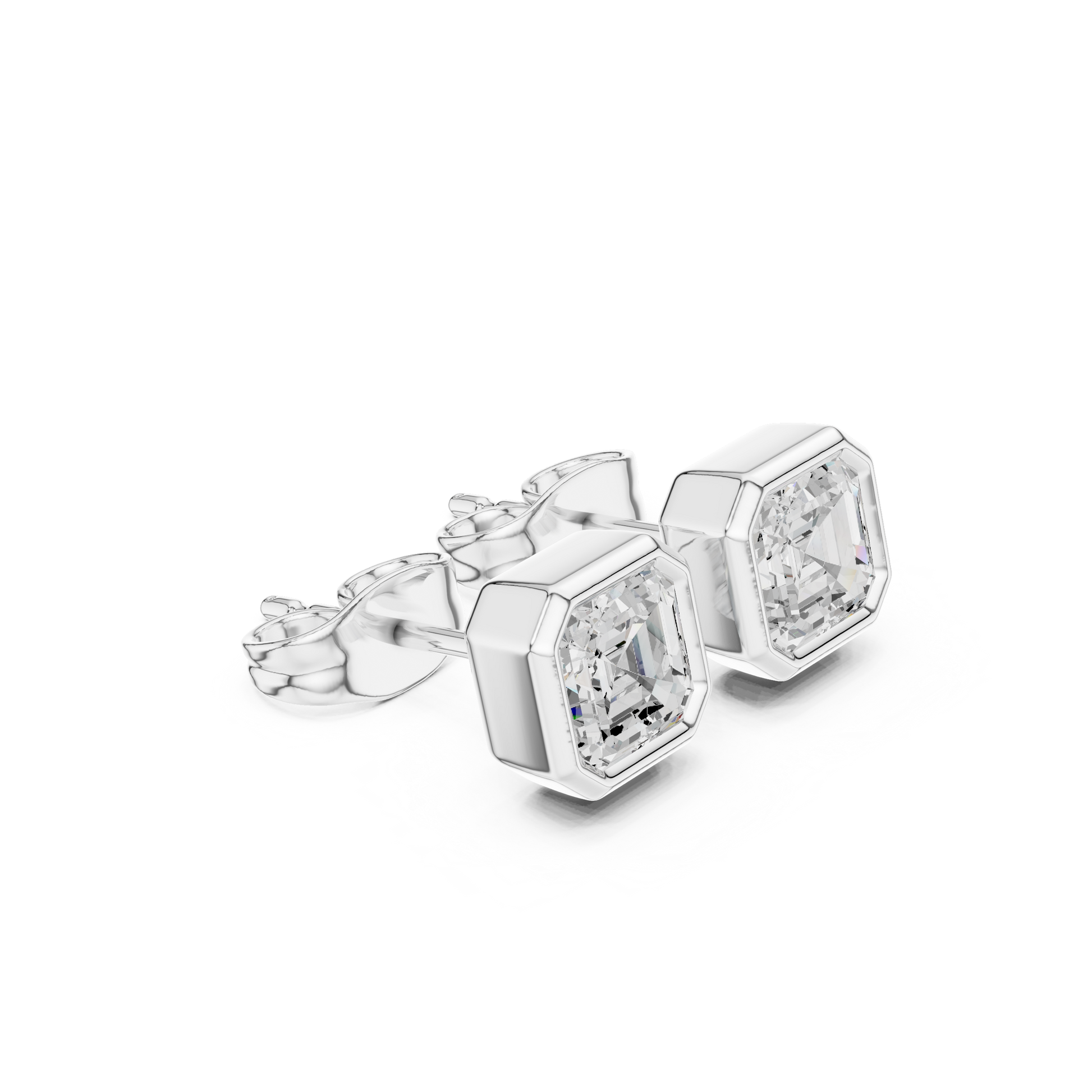 Pair of silver stud earrings with clear gemstones on a white background