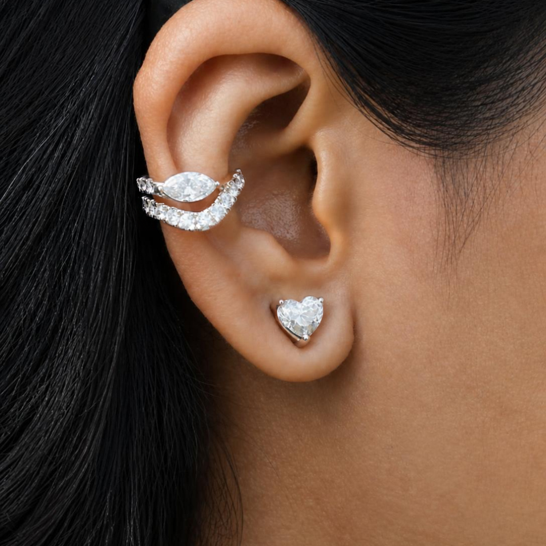 Marquise Diamond Ear Cuff and Heart Diamond Solitaire Earrings in 18K white gold