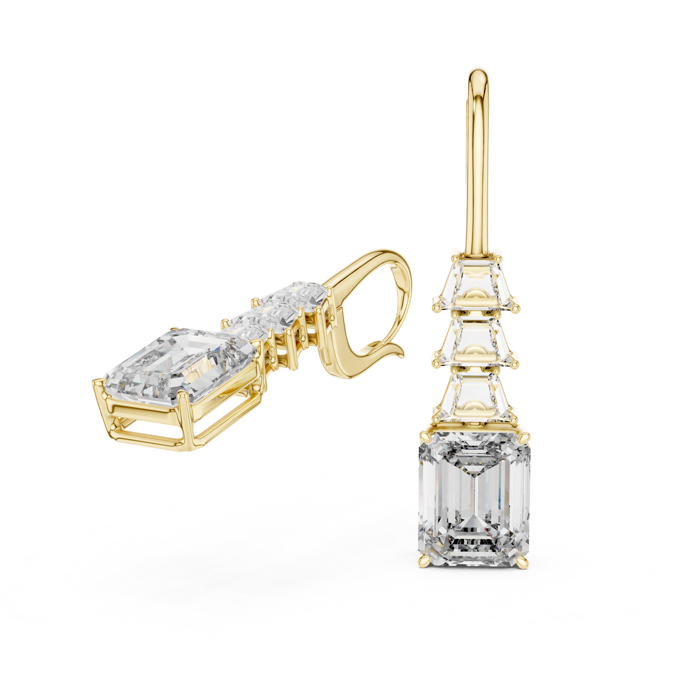 Gold earrings with diamonds on a white background