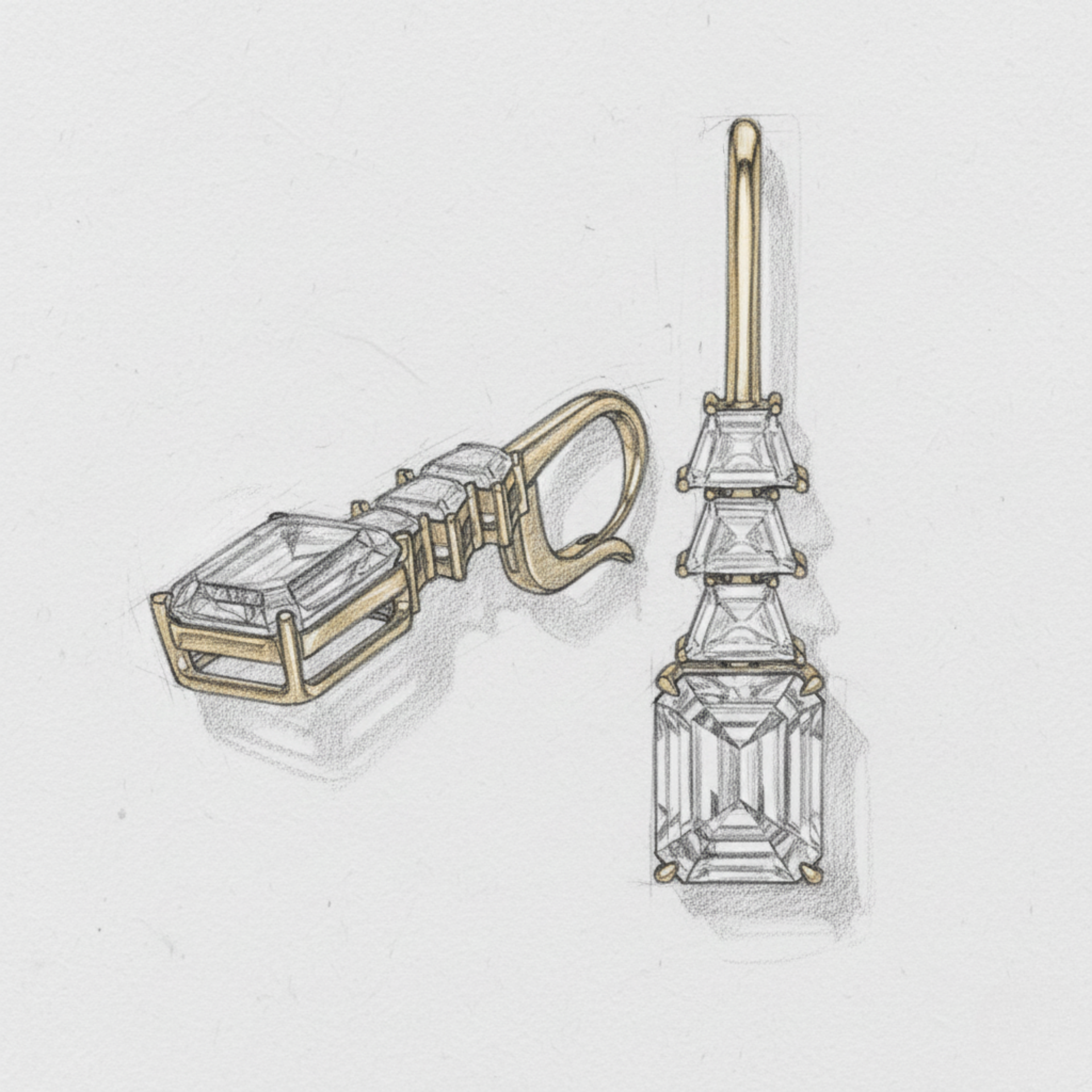 Gold and diamond earring on a light gray background