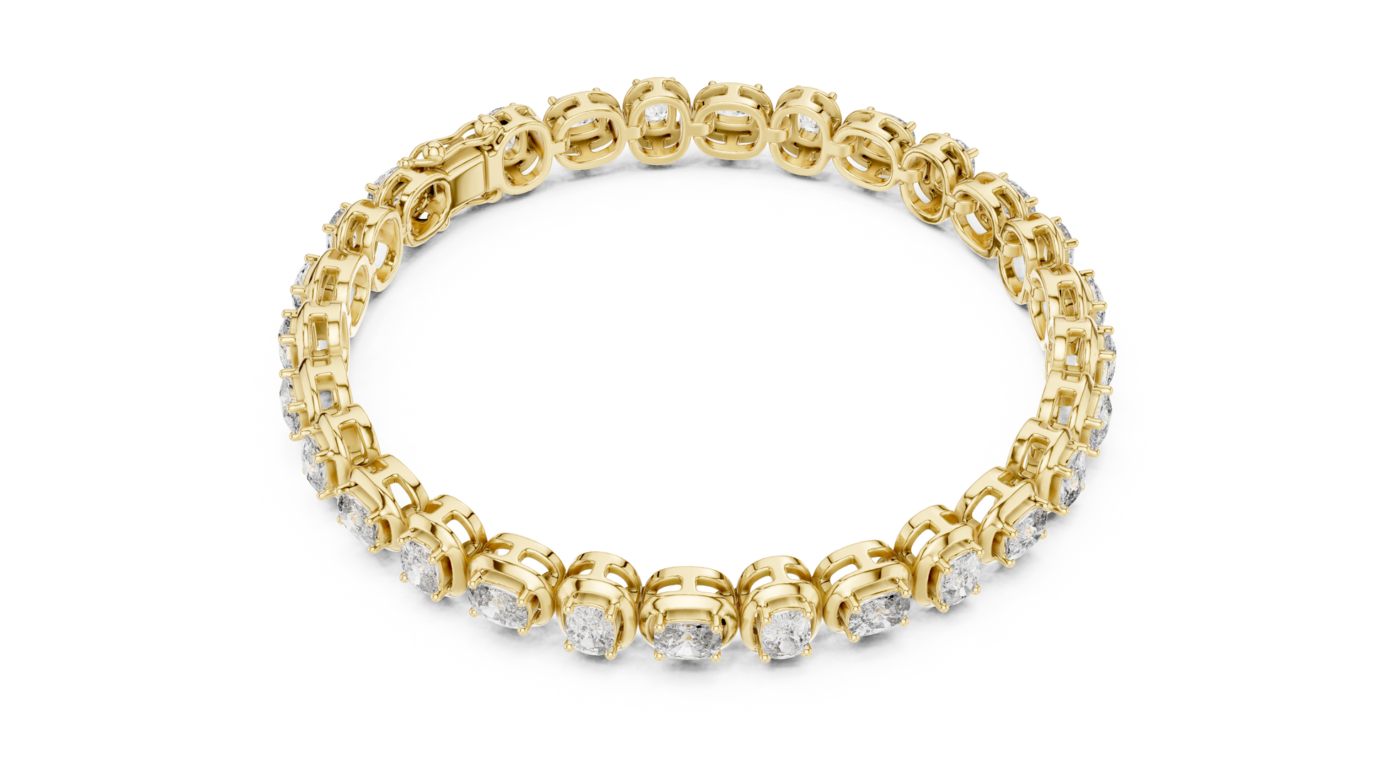 Gold bracelet with embedded diamonds on a white background
