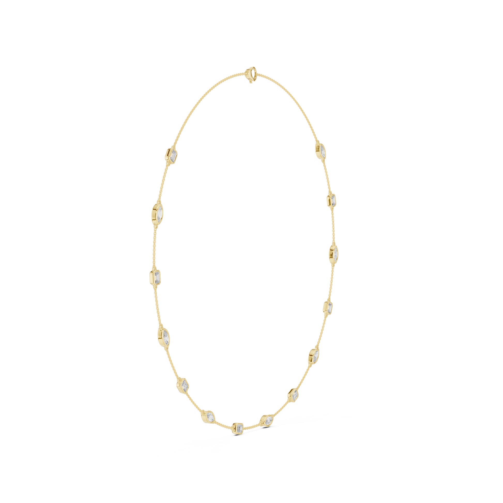 Gold necklace with small diamonds on a white background