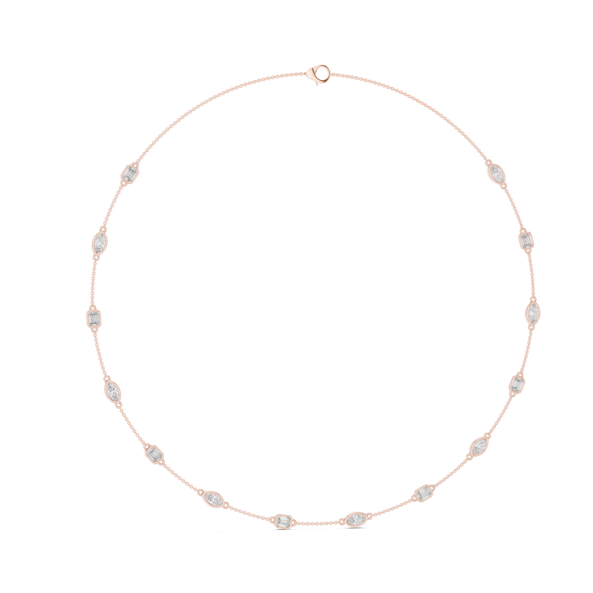 Rose gold necklace with small diamonds on a white background