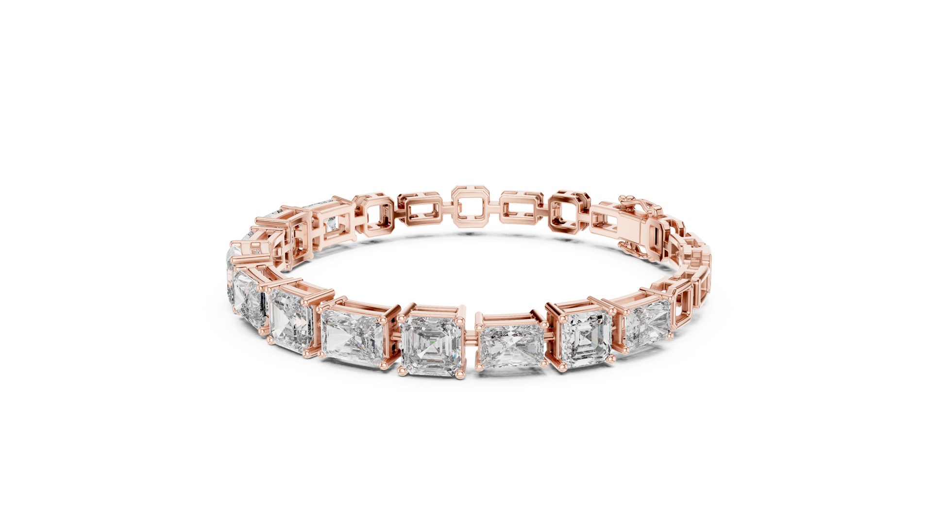 Rose gold bracelet with diamonds on a white background