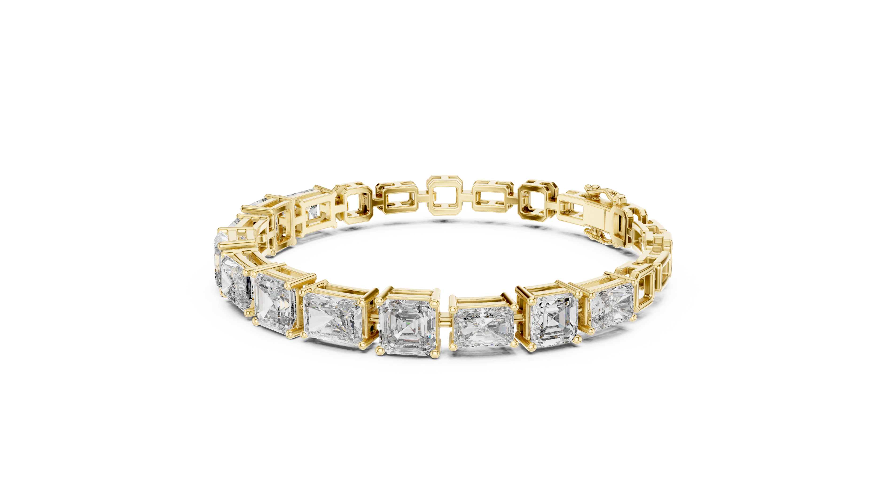 Gold bracelet with square-cut diamonds on a white background