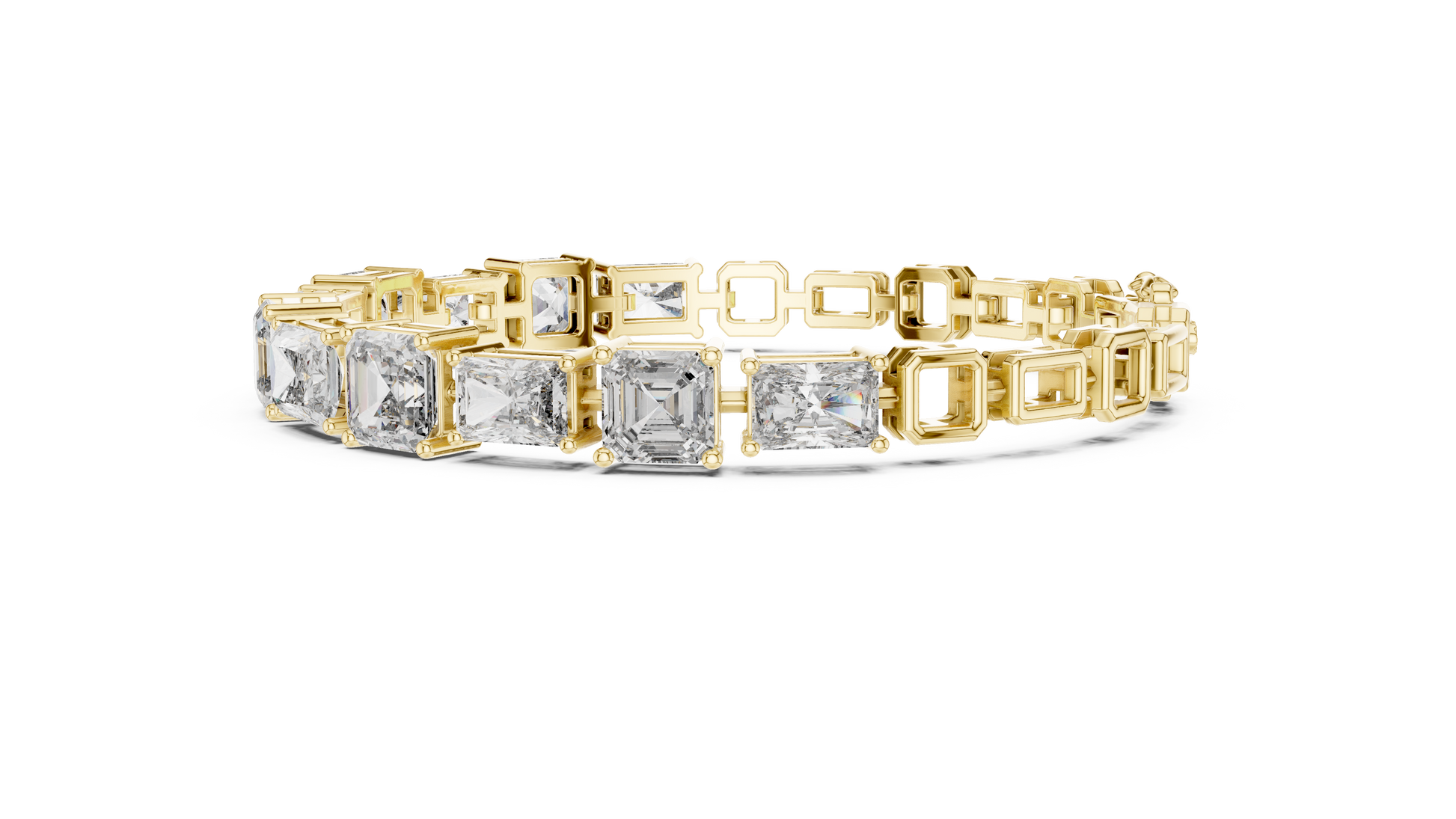 Gold bracelet with square-cut diamonds on a white background