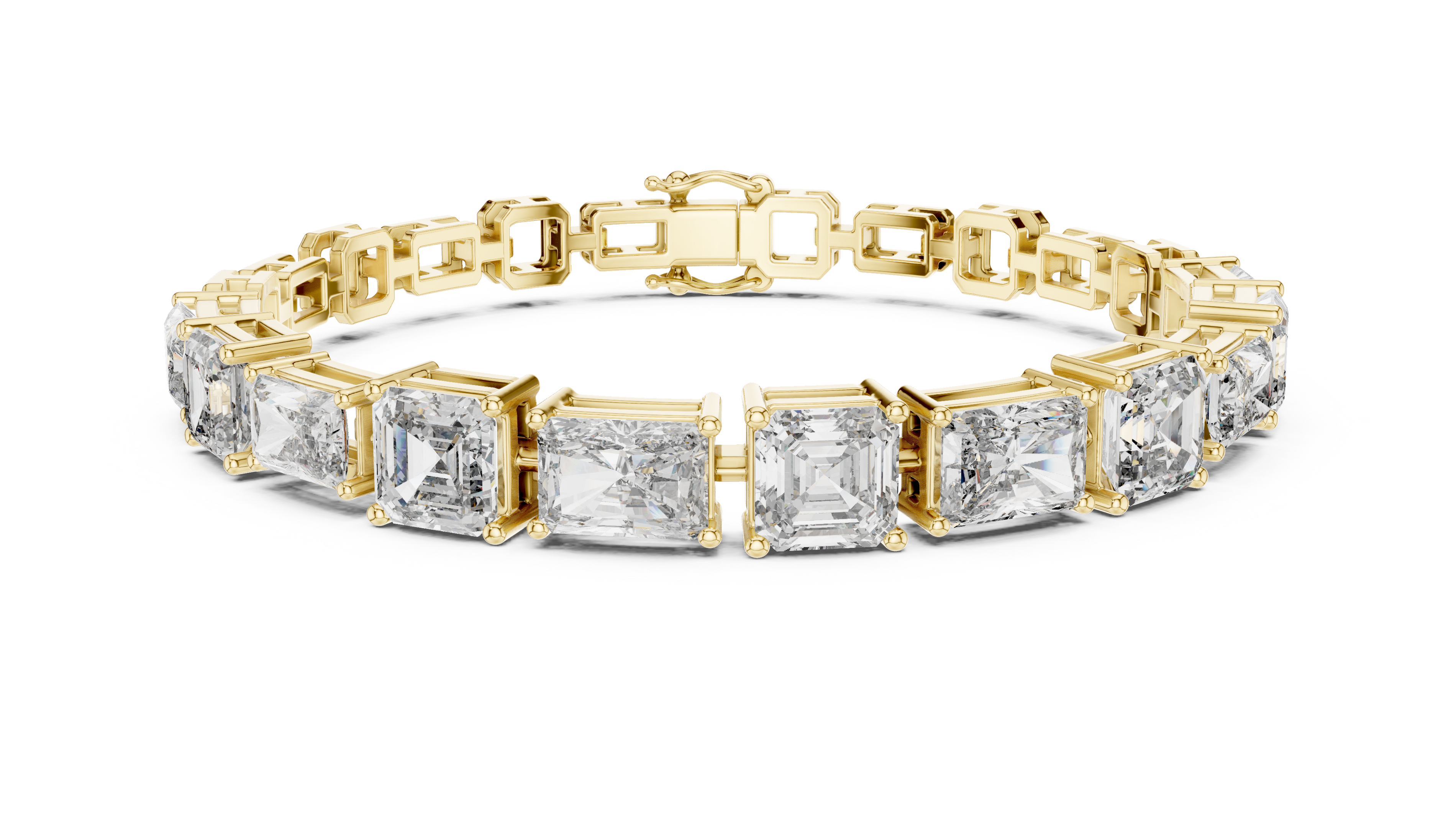 Gold bracelet with square-cut diamonds on a white background