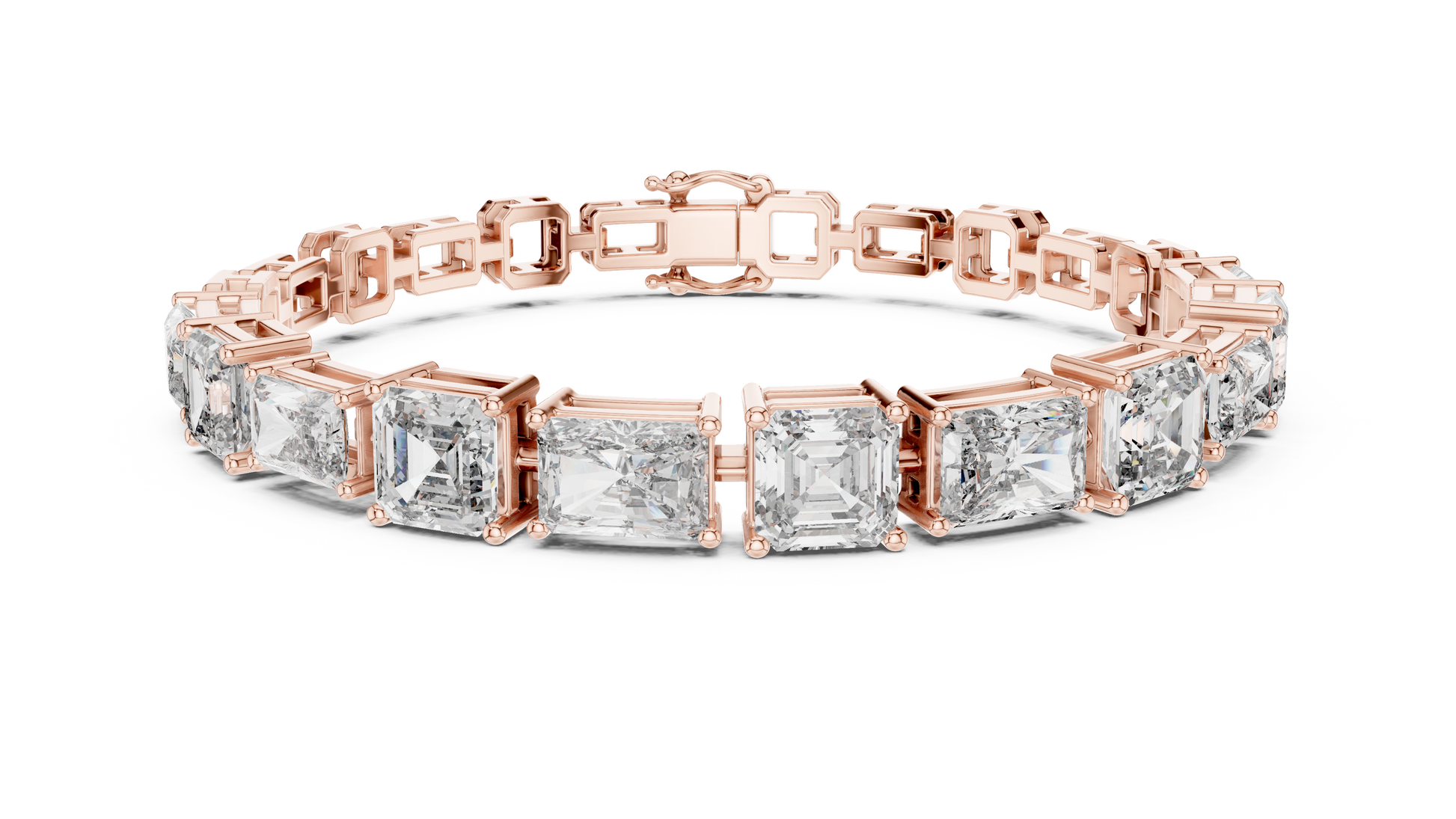 Rose gold bracelet with square-cut diamonds on a white background